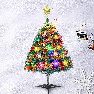 24&#34;/60cm Tabletop Xmas Tree, Artificial Mini Christmas Pine Tree with LED String Lights &amp; Ornaments