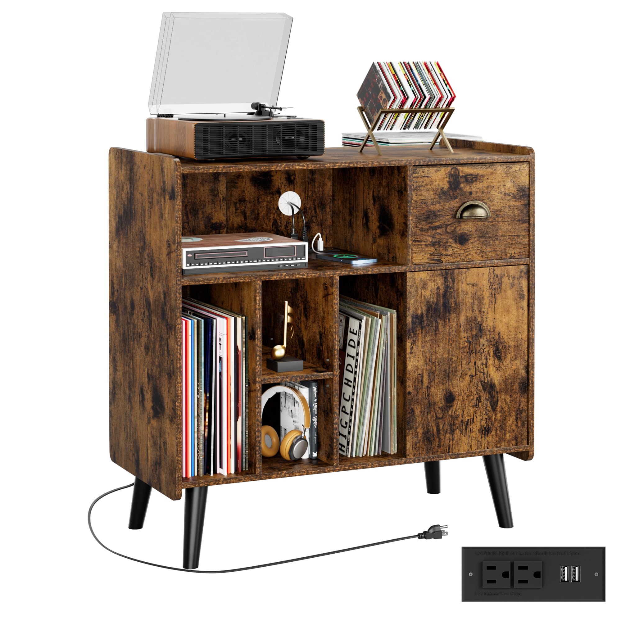 miadore Record Player Stand, Vinyl Records Storage Cabinet Display Shelf with Power Outlet, Turntable Stand Mid-Century Record Player Table with Wood Legs for Living Room,Bedroom,Office