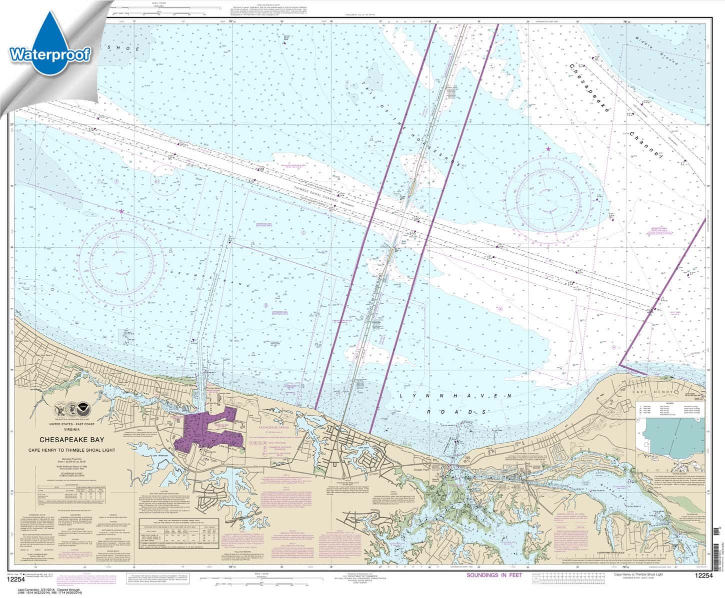 NOAA Chart 12254: Chesapeake Bay Cape Henry to Thimble Shoal Light 35.5 x 43 (Waterproof)