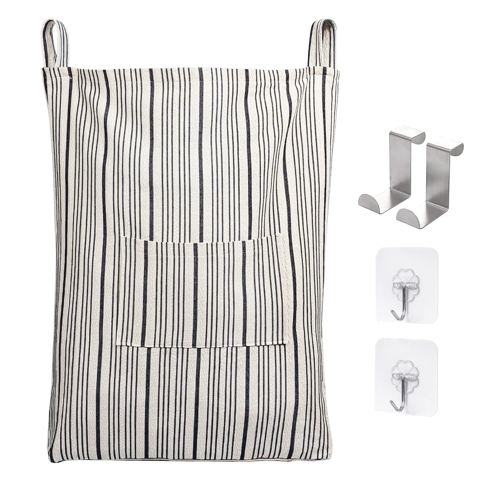 Bolsa de lavandería de lino para puerta con rayas beige y negras 1