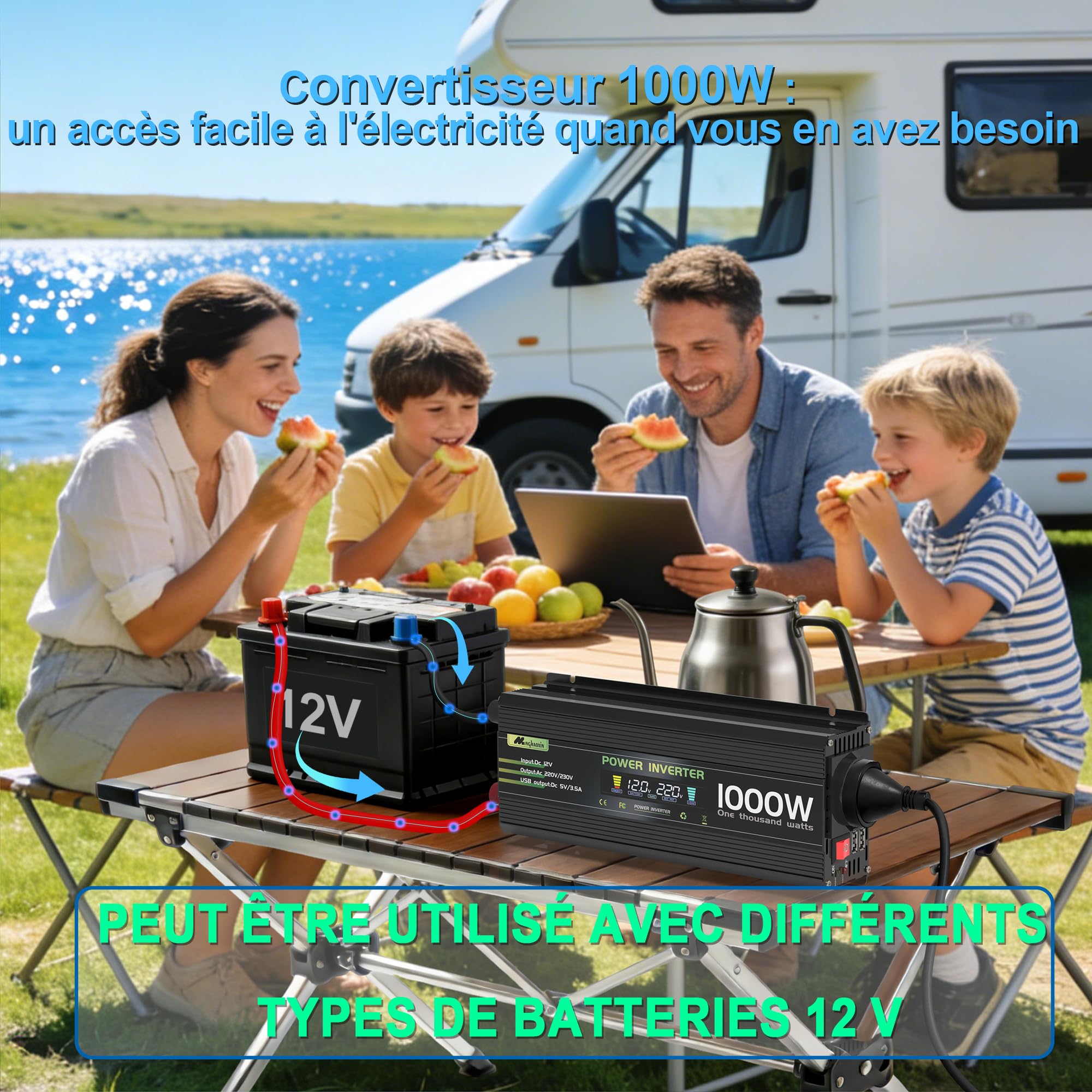 1000W/2000W Convertisseur 12V 220V/230V Transformateur, DC AC Onduleur Power Inverter Allume 2 Prise EU De Courant Alternatif LCD pour Voiture, Camping, Voyage, Panneau Solaire, VR