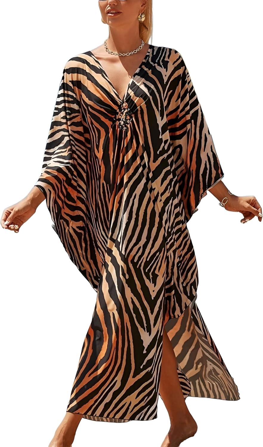 IMAGEKOPE Women's Plus Size Animal Print V-Neck Batwing Kaftan Beach Dress Bathing Suit Cover-Up Loungewear