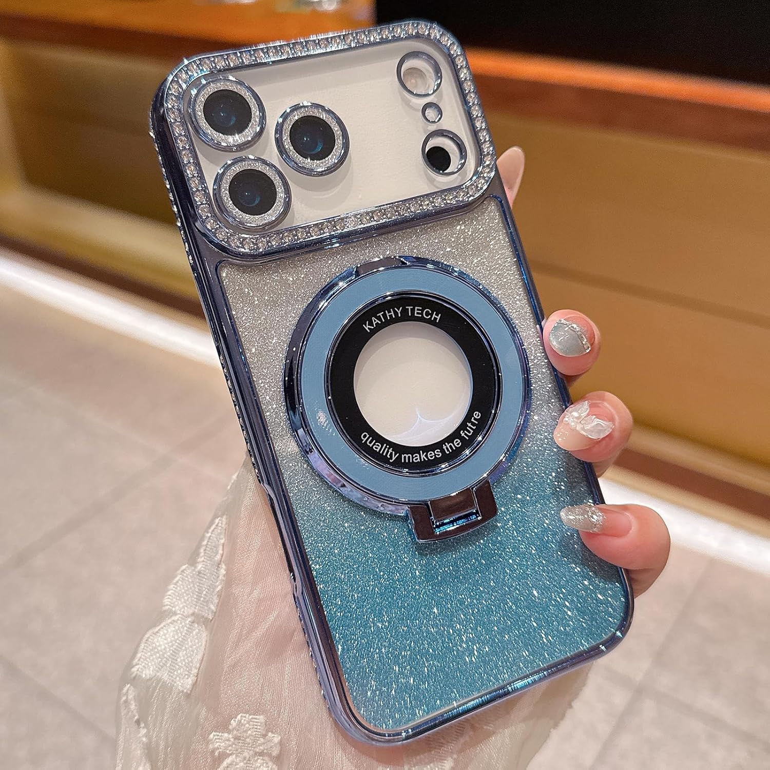 Magnetic Kickstand Glitter Case for iPhone 17 Pro, [Compatible with Magsafe] Cute Luxury Bling Sparkly Diamond Rhinestones with Camera Lens Protector Women Girls Case for iPhone 17 Pro, Blue - Image 8