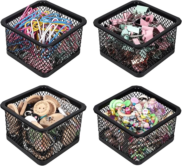 Paper Clip Holder for Desk, Paperclip Holders, Mesh Paper Clip Holders Metal Paper Clip Dispenser Organizer for Desk Binder Clip Bobby Pin Holder Container for Home Office School, Black 4 Pack