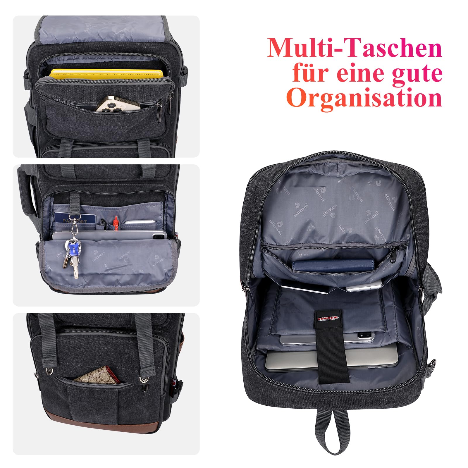 WITZMAN Reiserucksack Herren Canvas 40L Laptop-Rucksack für 16-Zoll-Laptop | Erweiterbar von 32-42L, Flugtauglicher Umwandelbarer Schulterrucksack für Handgepäck, Ideal für Urlaub, A6617-3 Schwarz
