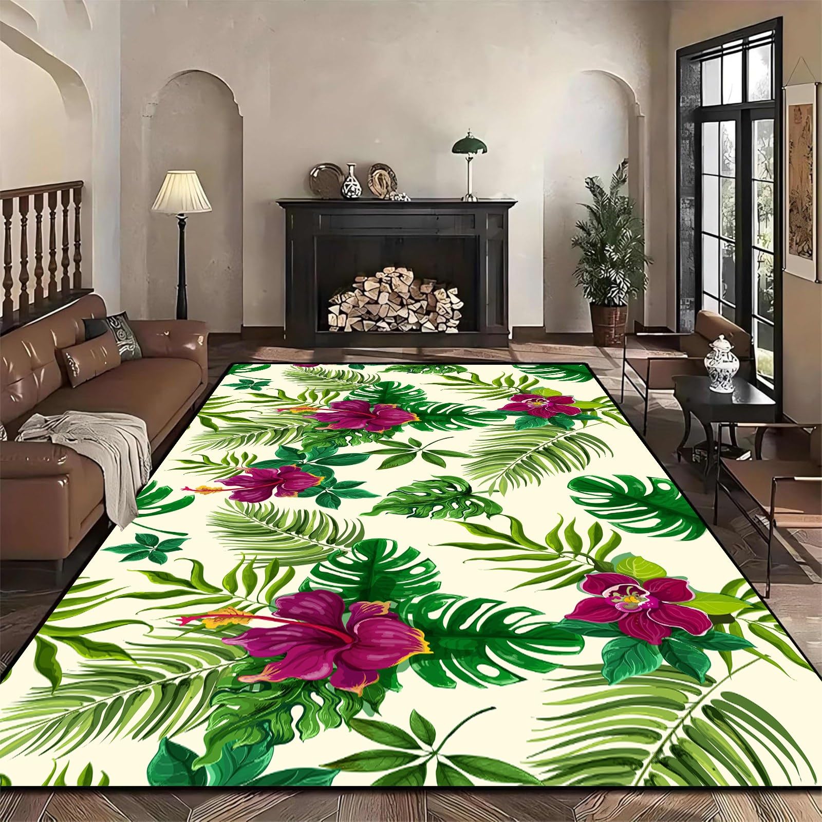 Vintage Floral Area Rug, 120x180cm Palm Leaf Monstera Tropical Plant Print Rugs, Magenta Bright Flower Beautiful Rug, Non-Slip and Easy to Clean Carpet for Kitchen, Dining Table and Living Room — image 1