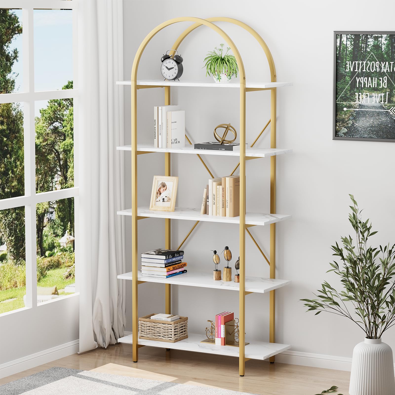Arbuxzuy Arched Bookshelf 5 Tier Book Shelf, 31.5 Inch Width Industrial Arch Bookcase, Curved Tall Bookshelf with Open Shelves for Home Office, Living
