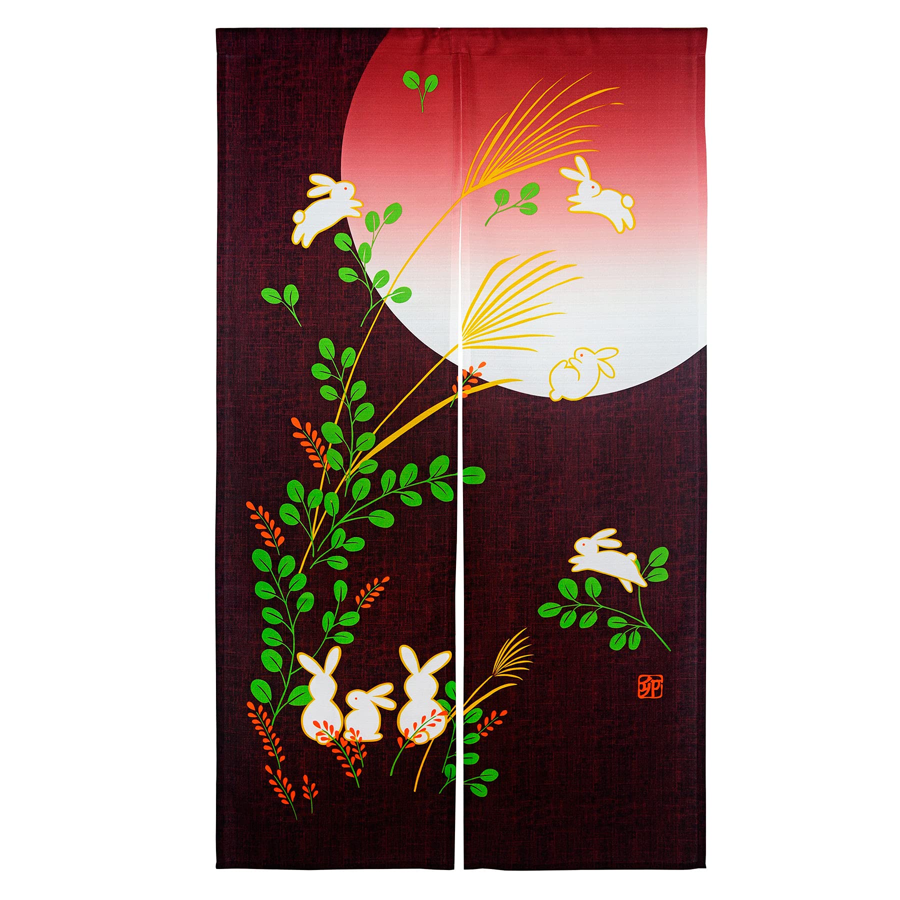 Ligicky Red Japanese Doorway Curtain Noren Cute Rabbit Under Moon Decoration 33X59inch
