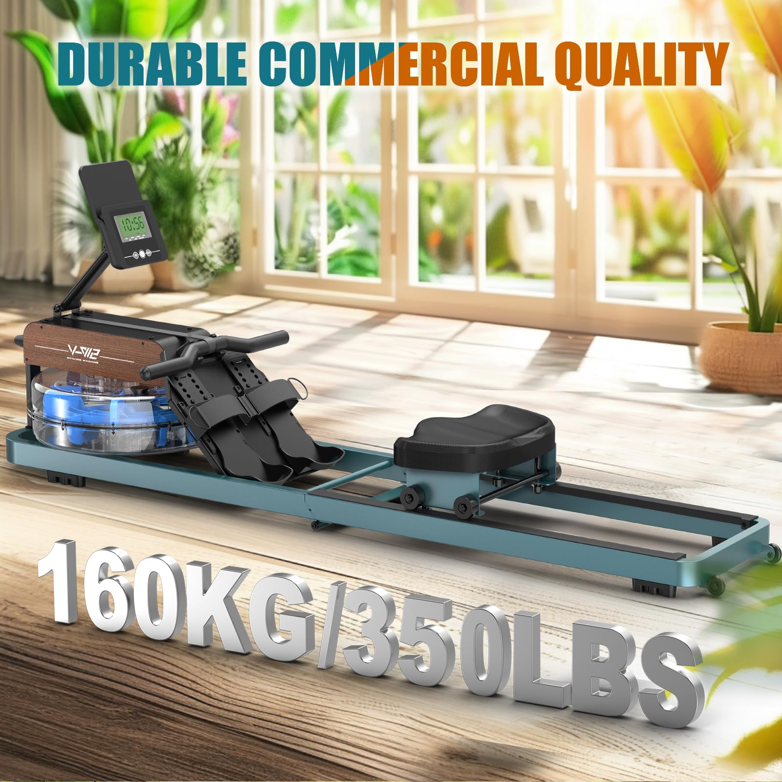 The Vowvit V-W2 Water Rower in a home setting, emphasizing its durable construction and 160kg/350lbs weight capacity.