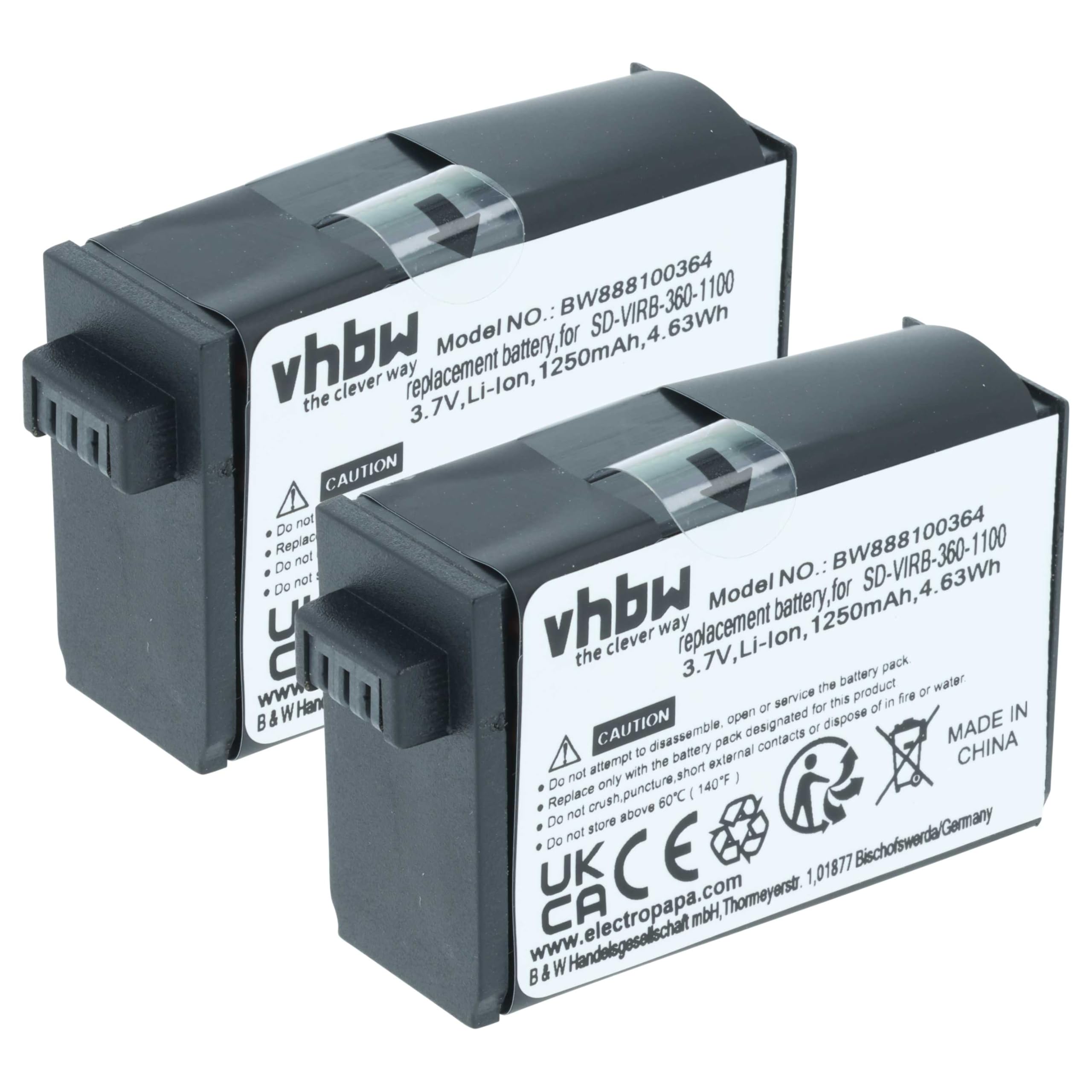 vhbw 2x batteria compatibile con Garmin Virb 360 videocamera camcorder (1250mAh, 3,8V, Li-Ion)