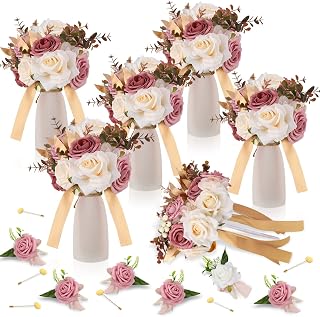 12 Pcs Bridesmaid Bouquets and Bridegroom Groomsmen Boutonniere Set Artificial Bouquets Flowers Wedding Boutonniere for Wedding Ceremony Anniversary Formal Dinners Vintage Country Wedding (Rose White)