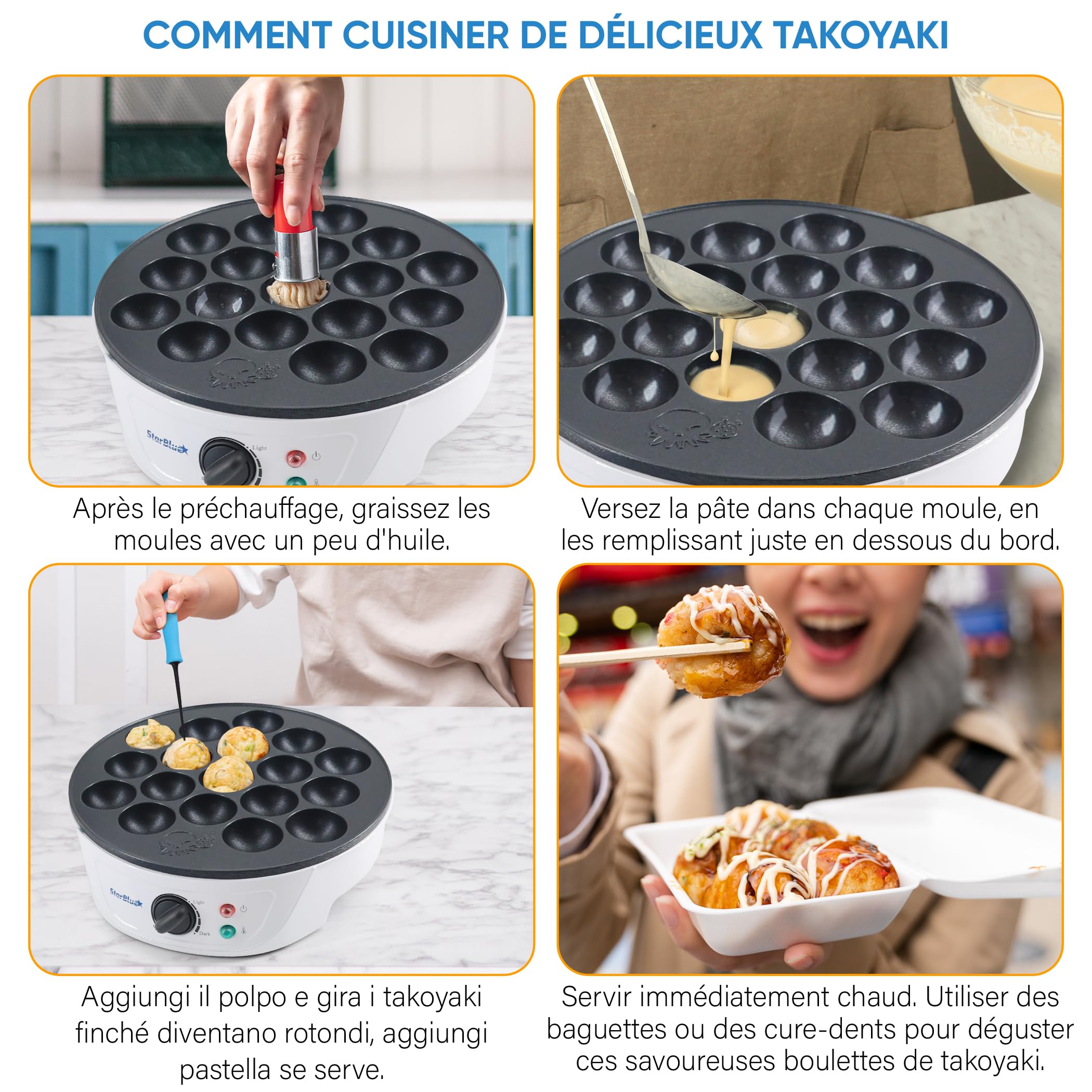 StarBlue Macchina per Takoyaki 18 fori 700W 220V 50Hz con Controllo Temperatura Spina UK Adattatore UE