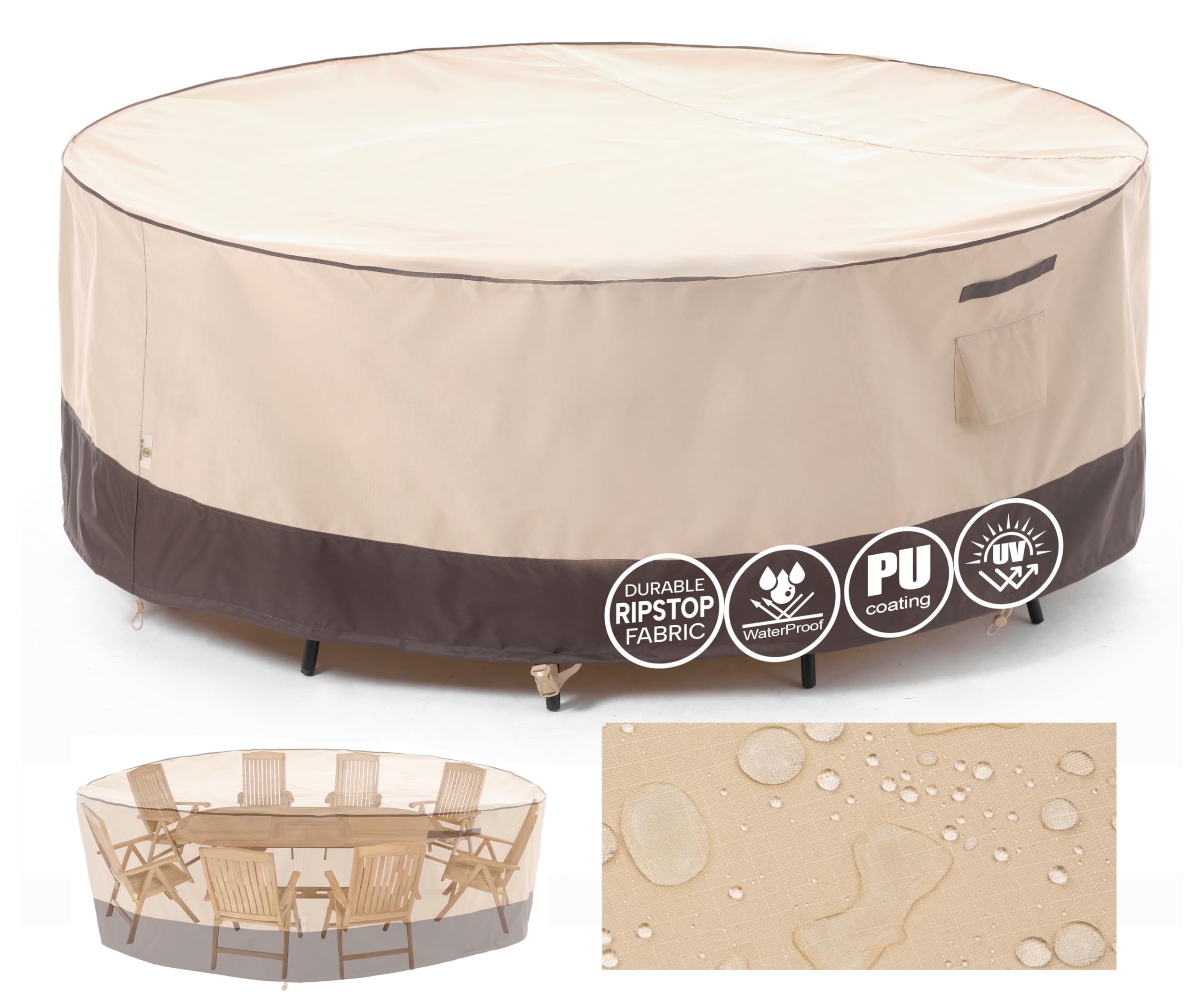 F&J Outdoors Garden Furniture Covers Waterproof Outdoor Table Cover Heavy Duty Tear Resistant Cinched Waist Windproof Round Garden Furniture Cover, Black, 183x79cm