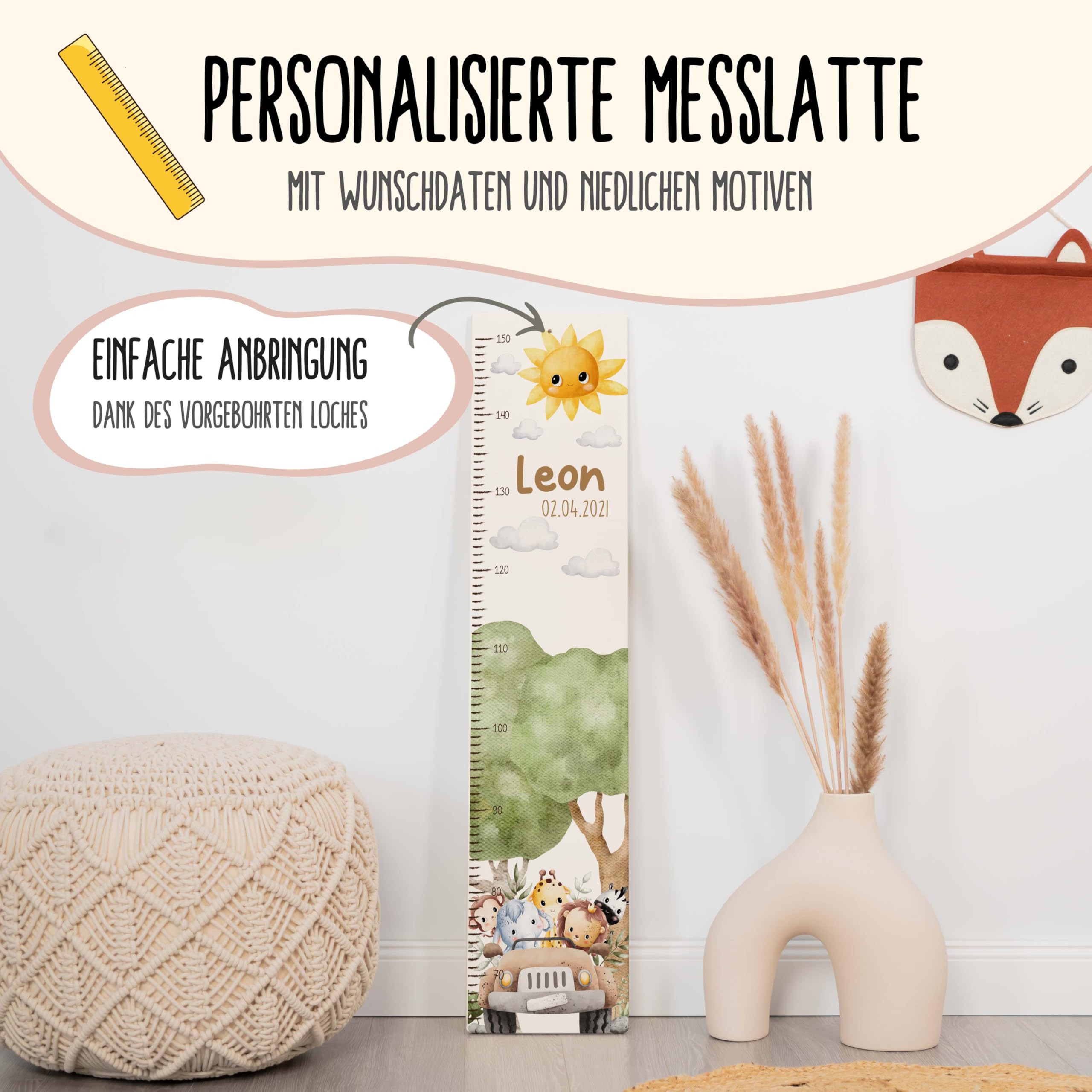 Messlatte für Kinder personalisiert - Kindermesslatte mit Namen, Wachstumsmesser für Kinderzimmer, Langlebig & Sicher, 70-140 cm