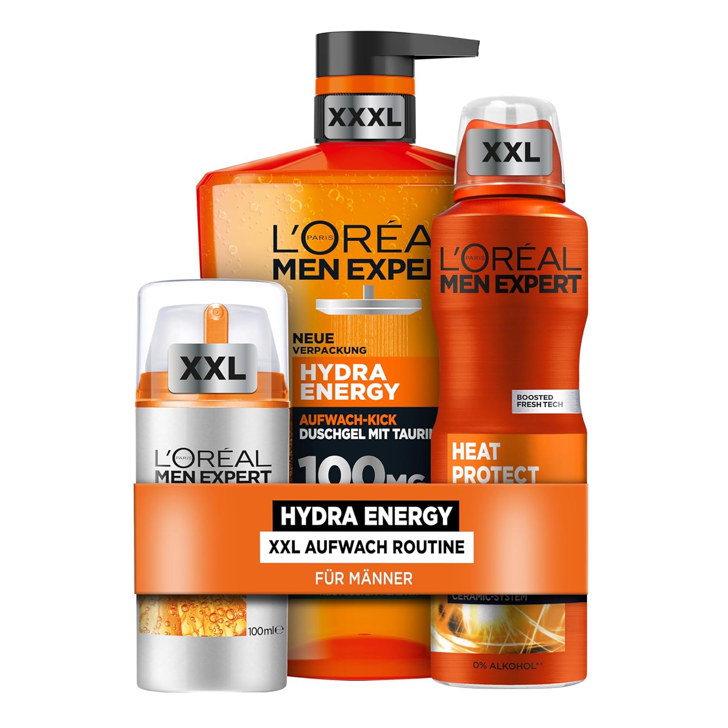 L’Oréal Men Expert Aufwach-Kick Care Set for Men, with XXXL Shower Gel, XXL Face Cream and XXL Deodorant Spray, Set for Men with Taurine, Vitamin C and Ceramic, Hydra Energy, 3-Piece Set