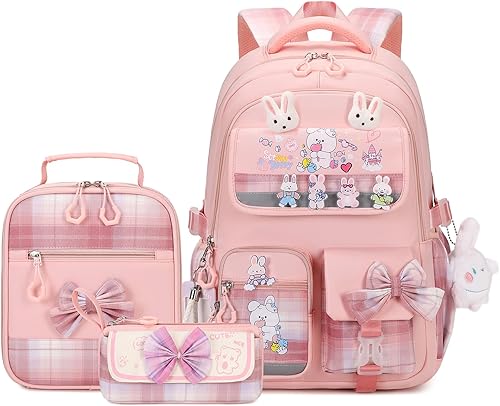Mochila escolar para niñas, 3 piezas, con lonchera, juego de mochila para adolescentes y niñas, linda mochila escolar para niños y niñas adolescentes