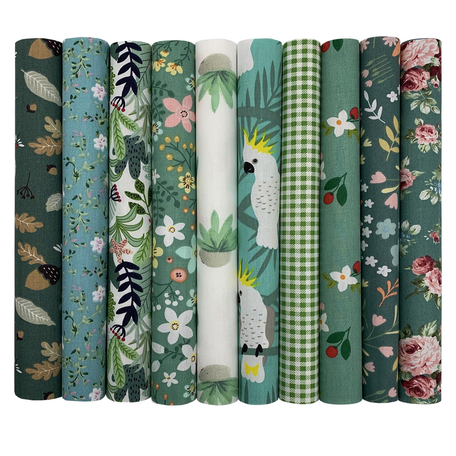 Jukway 10Pcs Cotton Fabric Squares Bundles 25 x 25 cm Floral Patterns Printed Fabric Patchwork Craft Cloths for Sewing Quilting DIY Needlework Decoration Scrapbooking Handwork (Green)