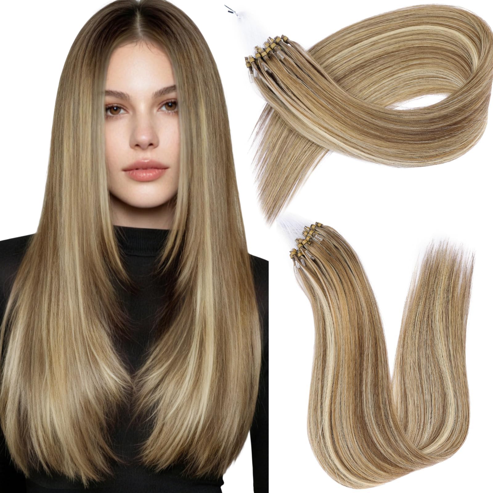 KiiKiiGirl Microlink Hair Extensions Human Hair,16 Inch #7/60 Chocolate Brown to Caramel Blonde Micro Loop Microbead Micro Link Hair Extensions Human