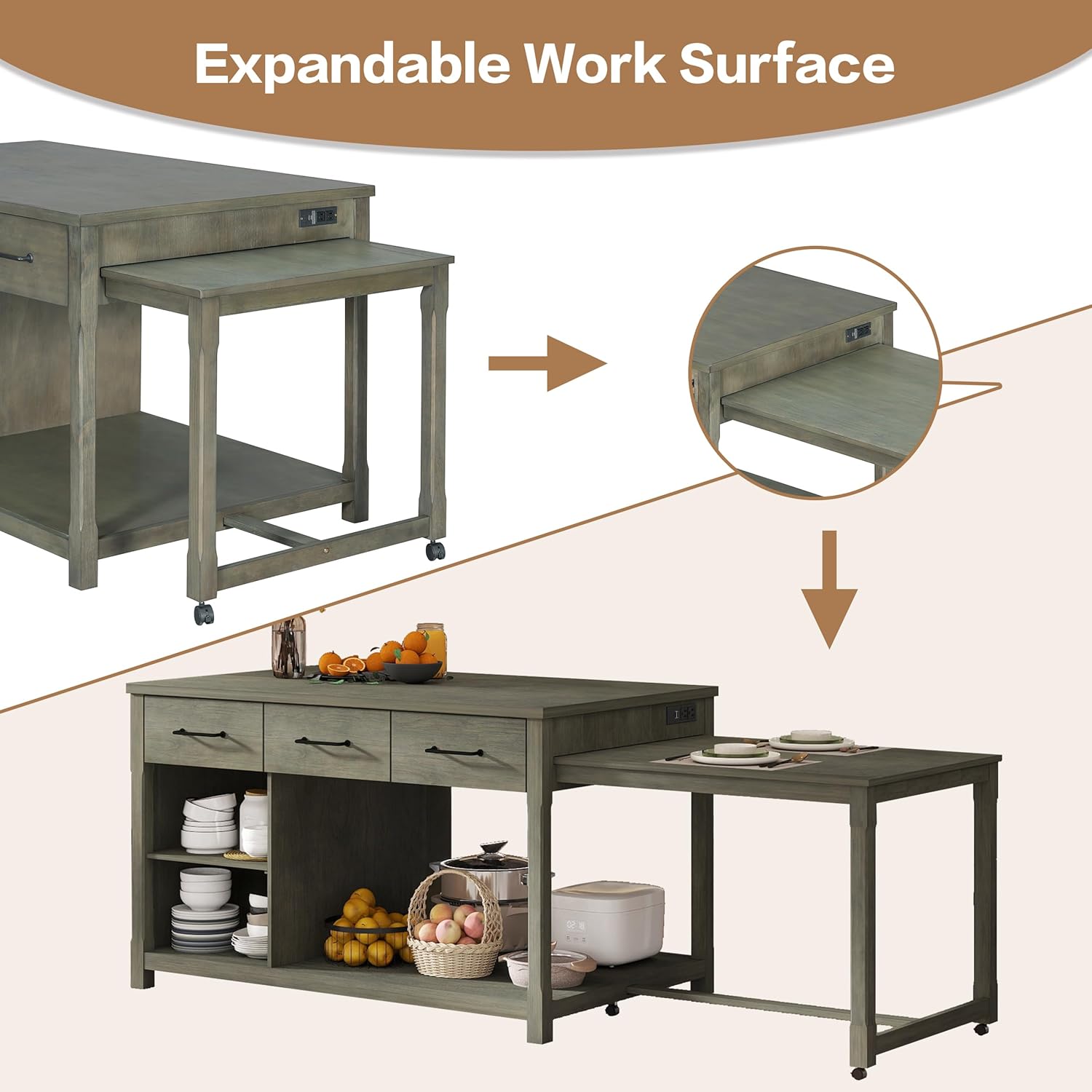 Extendable Kitchen Island with Storage, Multi-Functional Kitchen Cart with Built-in Power Outlets, Retro Design, Rolling Kitchen Island on Wheels, 63.5-100.6L x 36W x 36H in