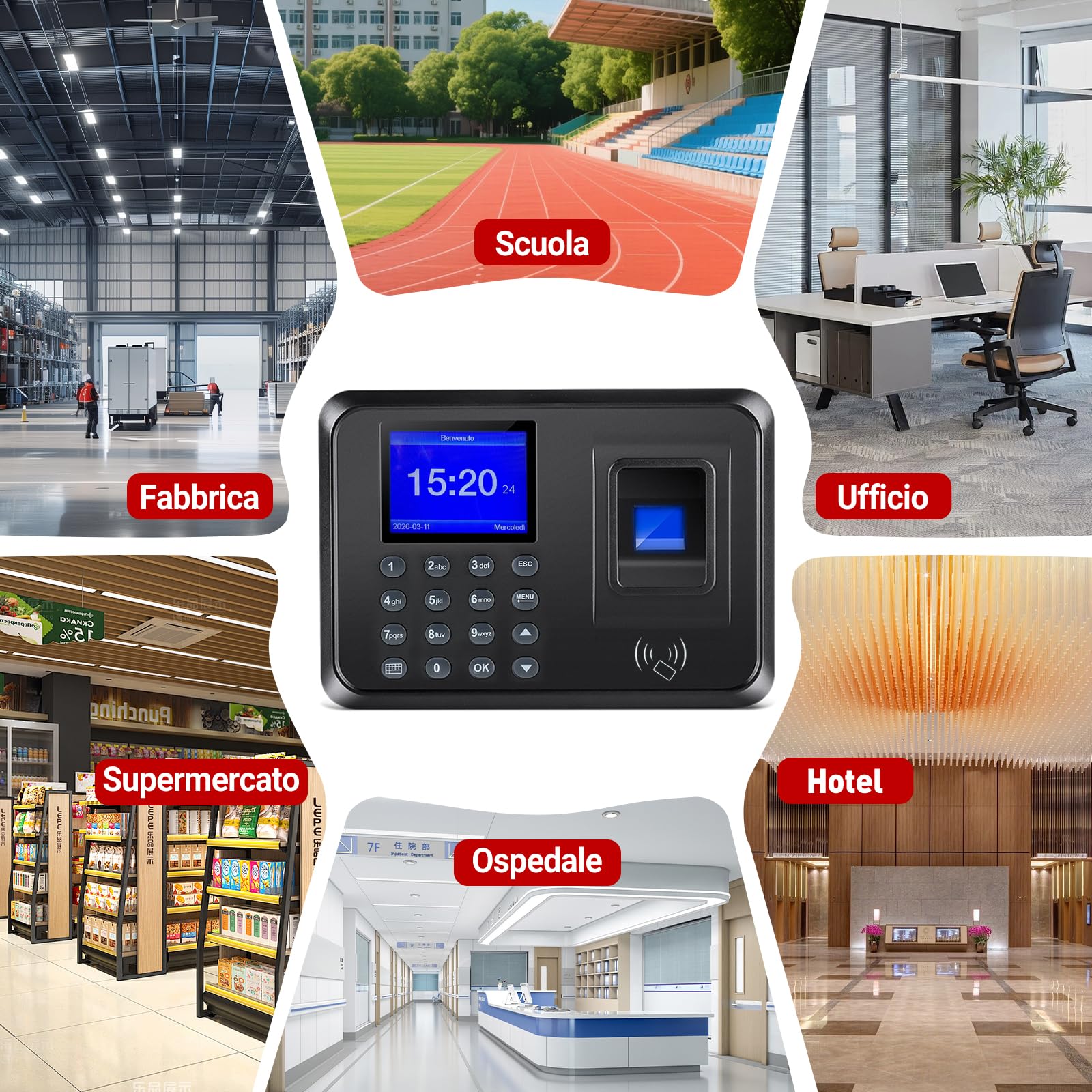 Orologio Marcatempo Biometrico per Piccole Imprese – 3-in-1: Lettore Impronte Digitali, Badge RFID (10 Inclusi), Codice PIN – Timbratrice Presenze Dipendenti senza WiFi, 0 Spese Mensili