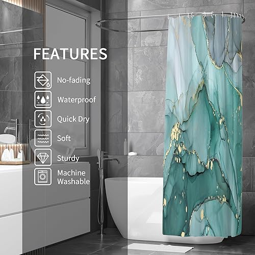 Miniatura 2 de Gibelle Cortina de ducha abstracta de mármol verde azulado, cortina de ducha de mármol turquesa para baño, decoración de arte de tinta moderna,