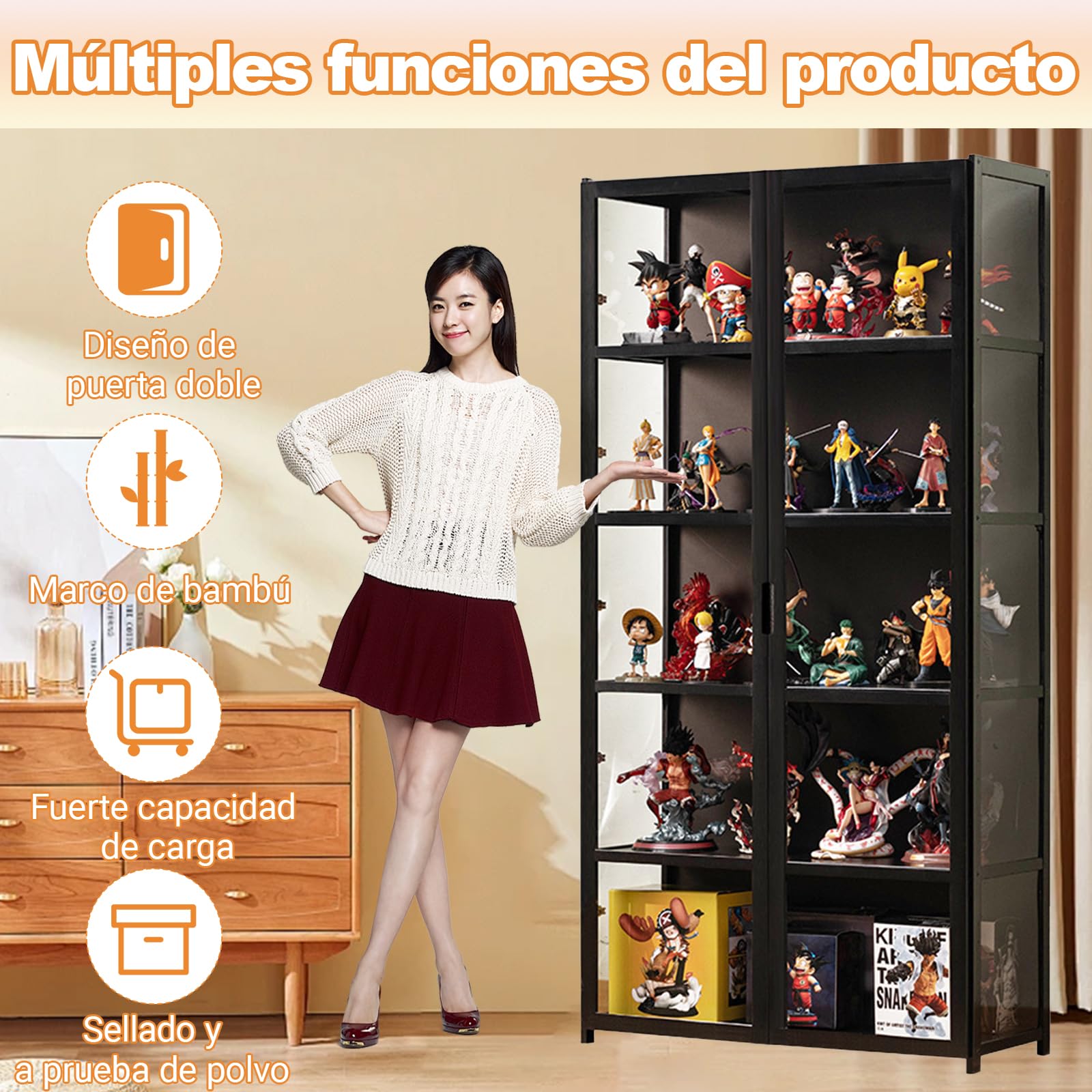 Vitrina expositora para Colecciones, Vitrina Cristal Vitrina expositora vidro à Prova de pó, Design de Porta de armário com LAPE sin luz.(82x 33 x 161cm/Blanco)