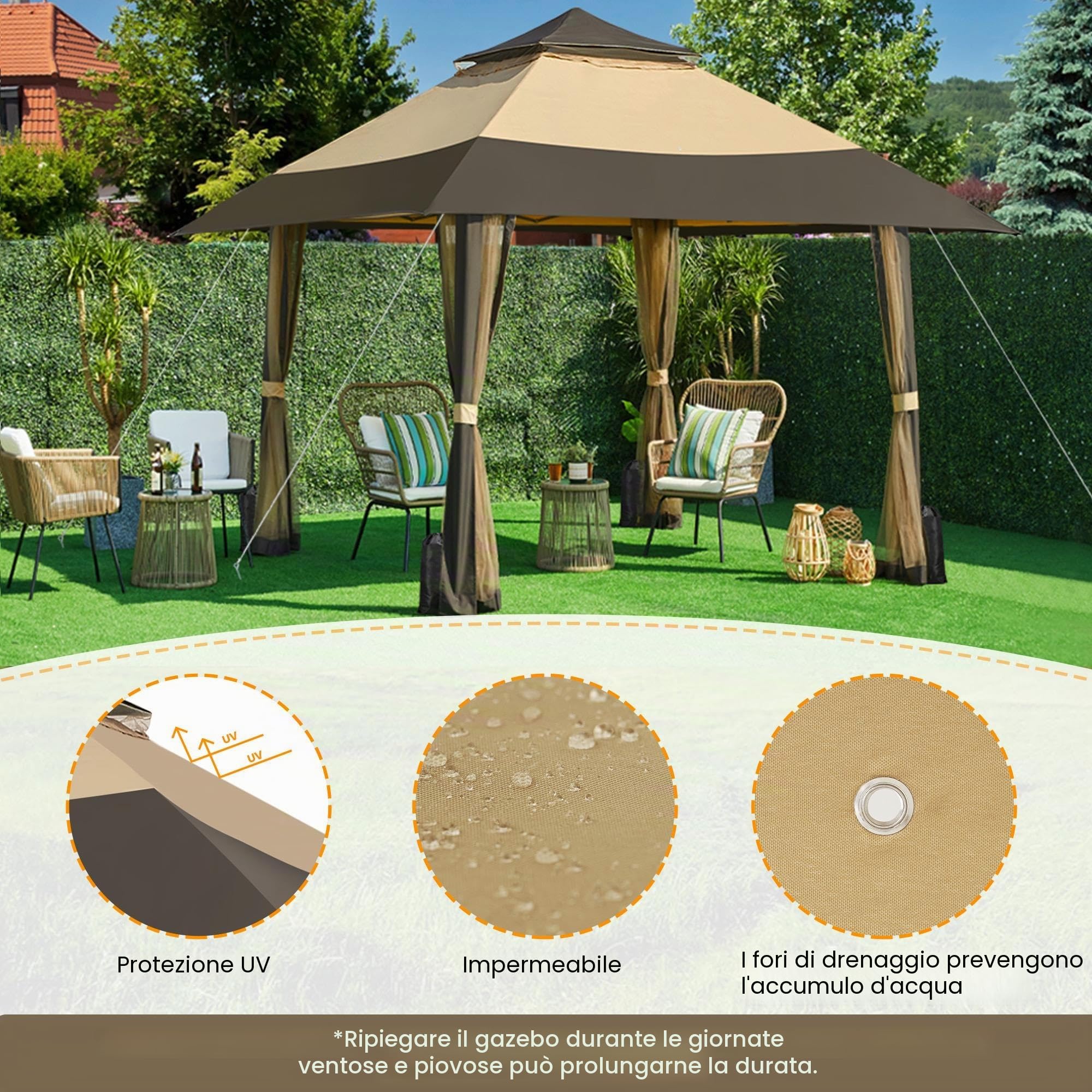 Yaheetech Gazebo da Giardino 4x4 m con Zanzariera Struttura in Metallo Doppio Tetto Kaki