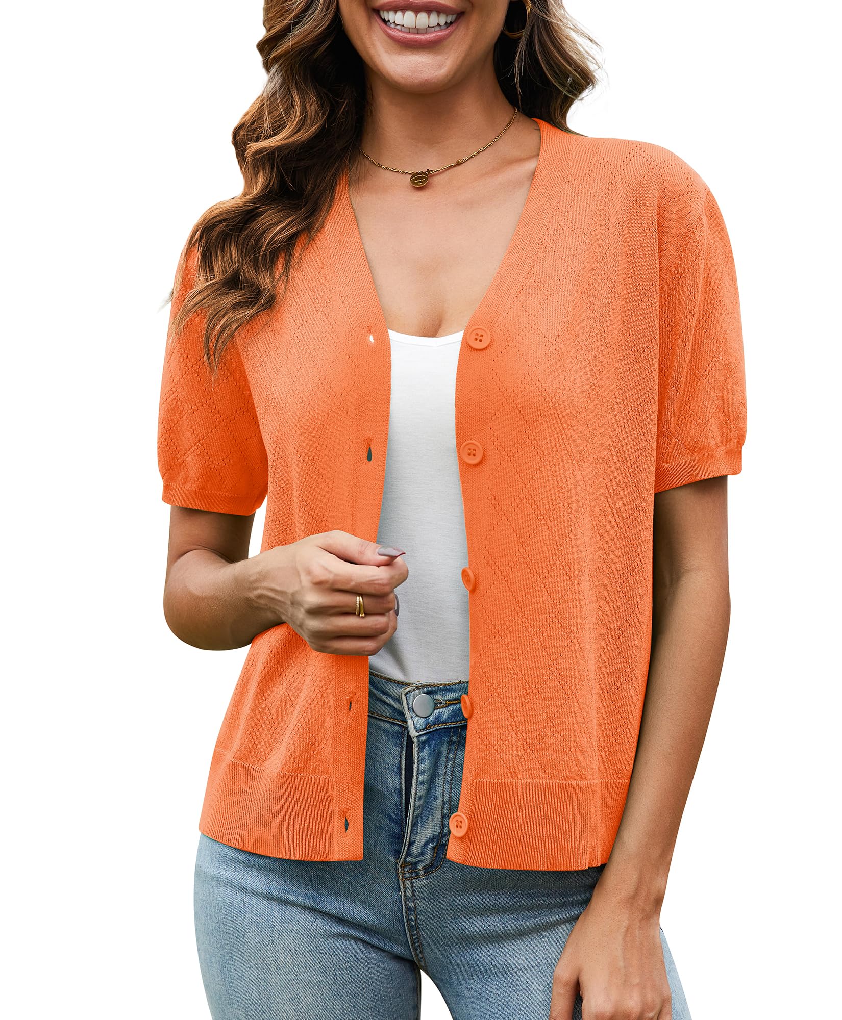 VIISHOW Short Sleeve Lightweight Summer Cardigan for Women, Button Down Open Front V Neck Crochet Knit Cropped Bolero Shrugs