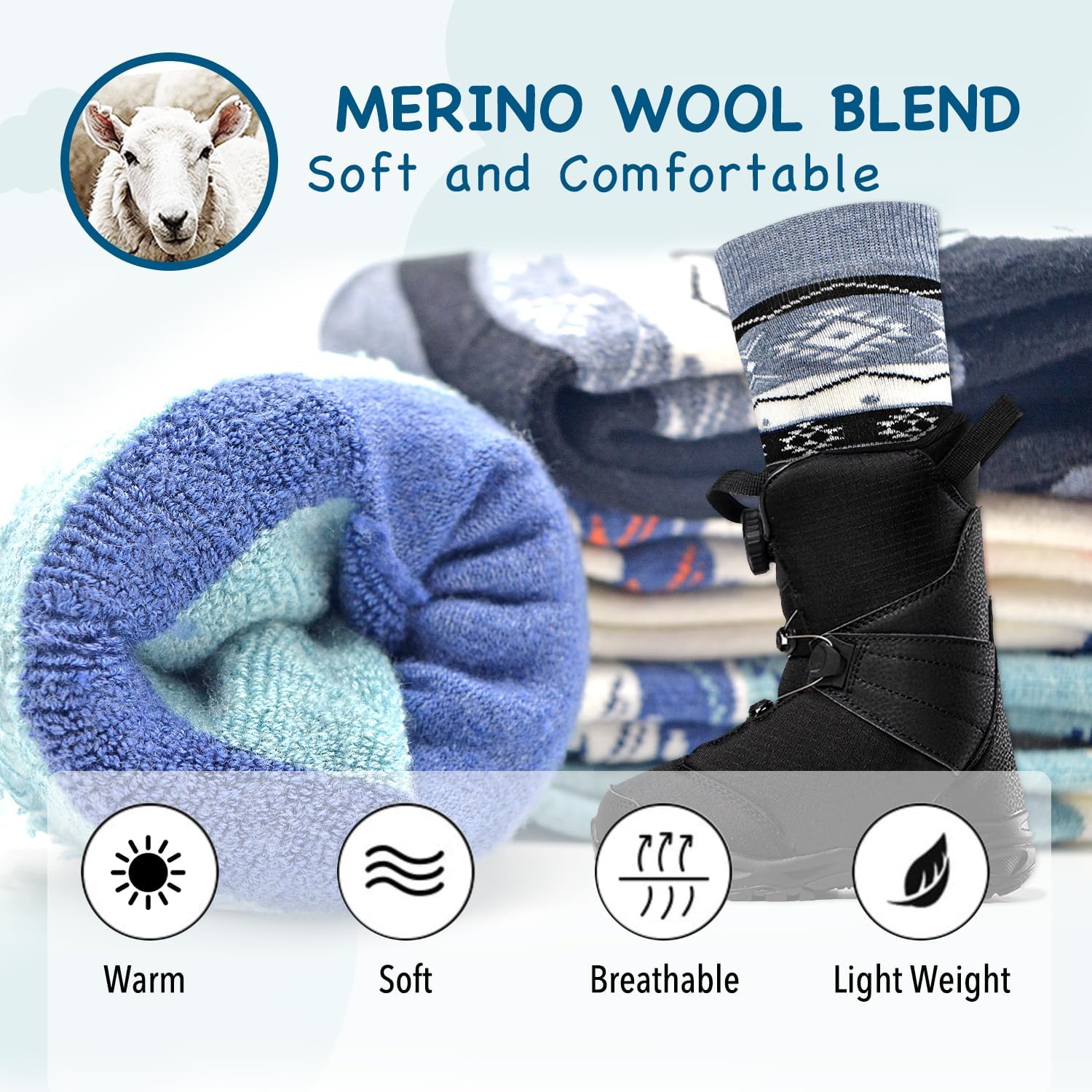 Socks Daze 2 Pack Kids Merino Wool Blend Ski Socks Knee High Winter Warm Snowboard Skating Socks for Boys Girls Toddler - Image 4