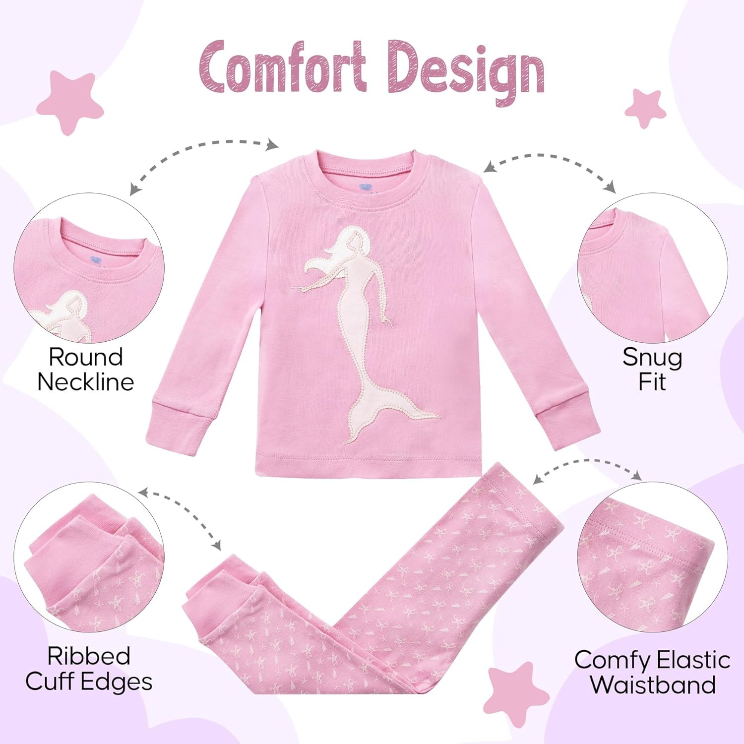 2 Piece Tag Free Mermaid Pjs for Girls - 100% Cotton Pajamas Set - Kids Winter Pajama - Girl Sleepwear (12M-8Y) - Image 4