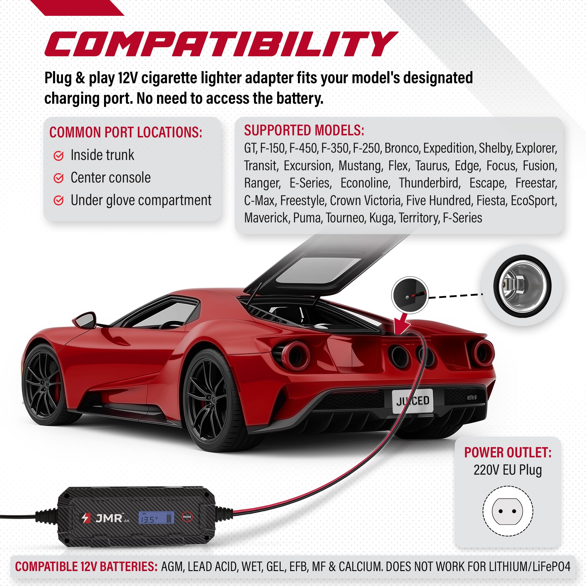 JMR Battery Charger for Ford GT F-150 F-450 F-350 F-250 Bronco Expedition Shelby Explorer Transit Excursion All Models Trickle Charger Conditioner Maintainer (No Lithium Mode)