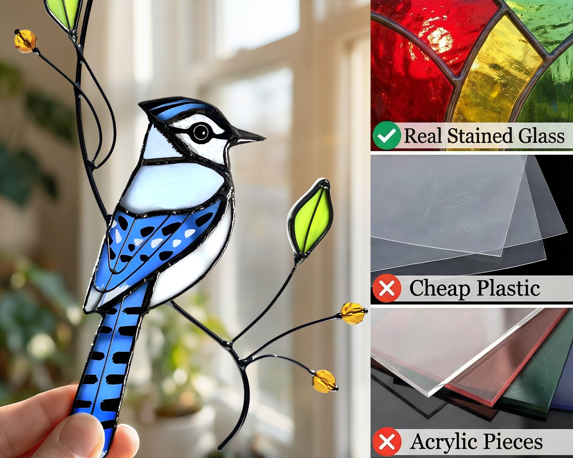 Blue Jay - Atrapasueños de cristal para mamá, abuela, mujeres, adorno colgante de ventana de cristal real, hecho a mano, decoración del hogar para amantes de los pájaros (embalaje listo para