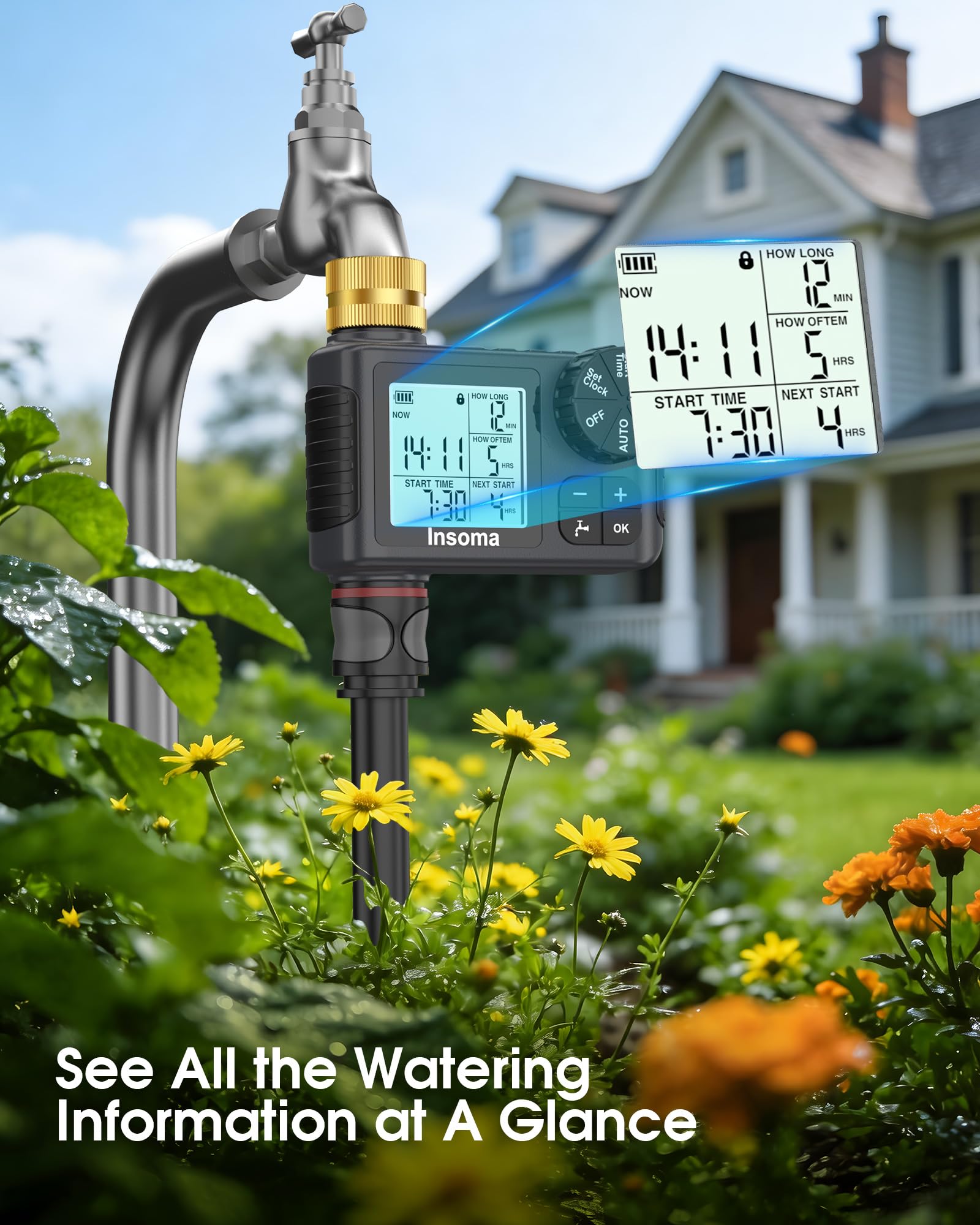 Timer irrigatore con ingresso e uscita in ottone, timer per acqua per tubo da giardino con modalità auto/manuale/ritardo pioggia, facile installazione timer per prato, giardino, irrigazione vacanze, 1