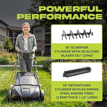 Sun Joe 15-Inch Lawn Dethatcher with Scarifier Blade Reel, AJ805E