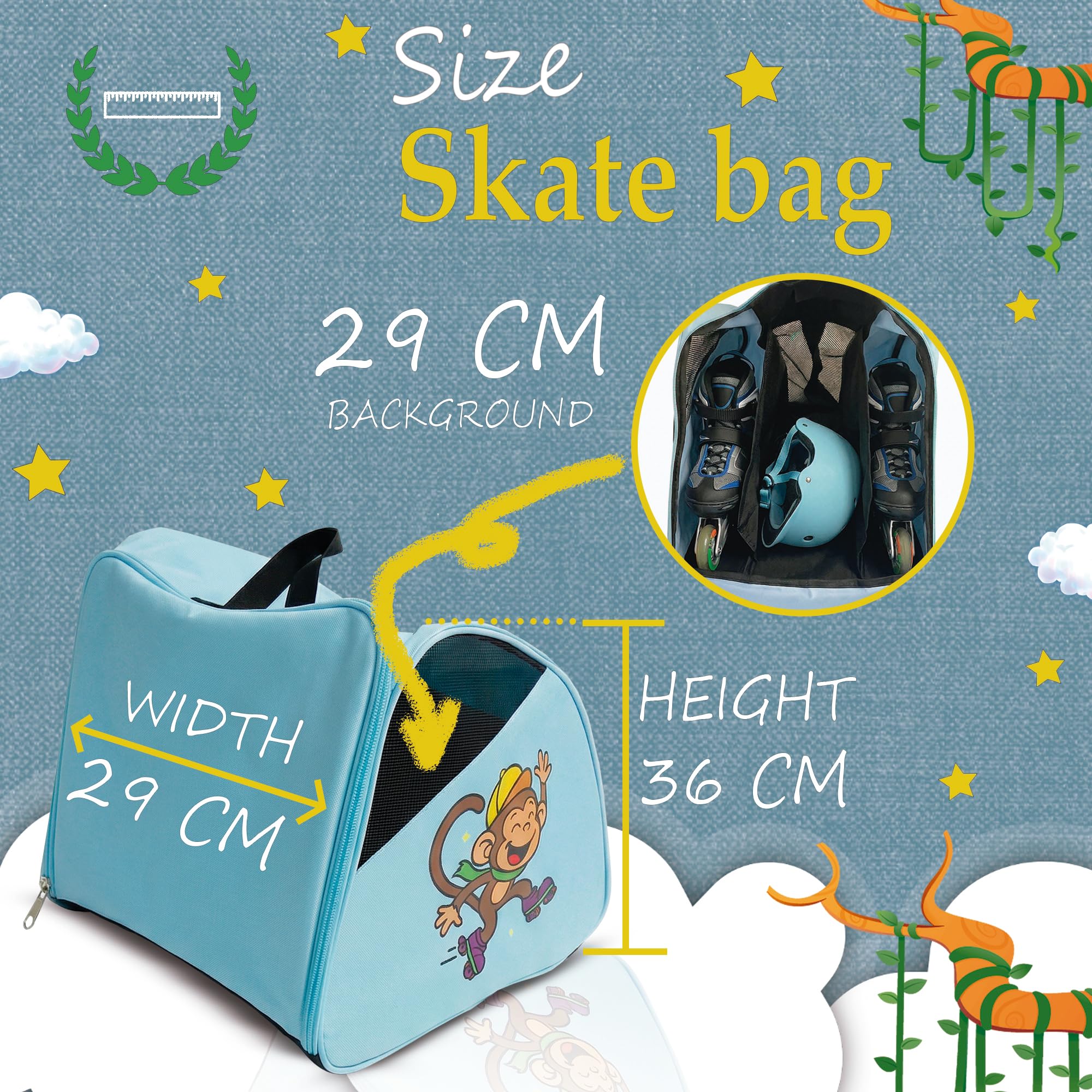DOJA Barcelona Bolsa para Patines para Niños - Azul Mono - Correa Ajustable y Acolchada, Mochila Patines, Buena Capacidad para Equipamiento y Calcetines, Bolsa Niña y Niño, Material Resistente
