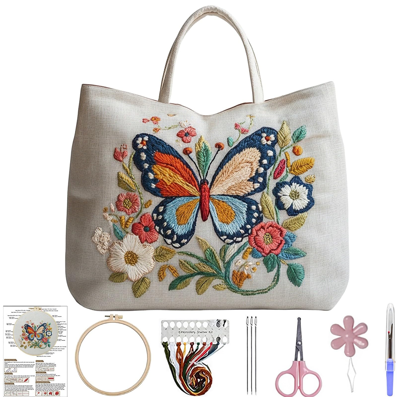 Lebartm Embroidery Tote Bag Embroidery Kit for Beginners Cross Stitch Handbag Butterfly Patterns with Hoop Needle Threads Fabric Reusable Grocery Bag for Women-Butterfly04 — image 1