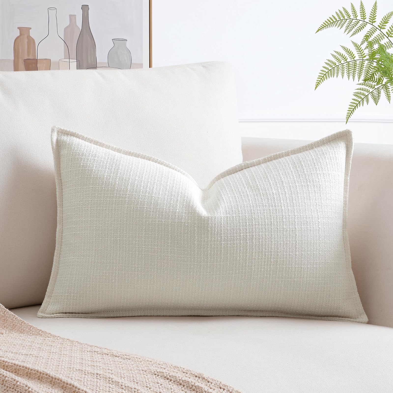 Artscope Pack of 1 Cream White Lumbar Cushion Cover 12x20 Inch Linen Texture Couch Throw Pillows Farmhouse Pillow Covers with Elegant Design for Sofa Bedroom Living Room Home Decor 30 x 50 CM