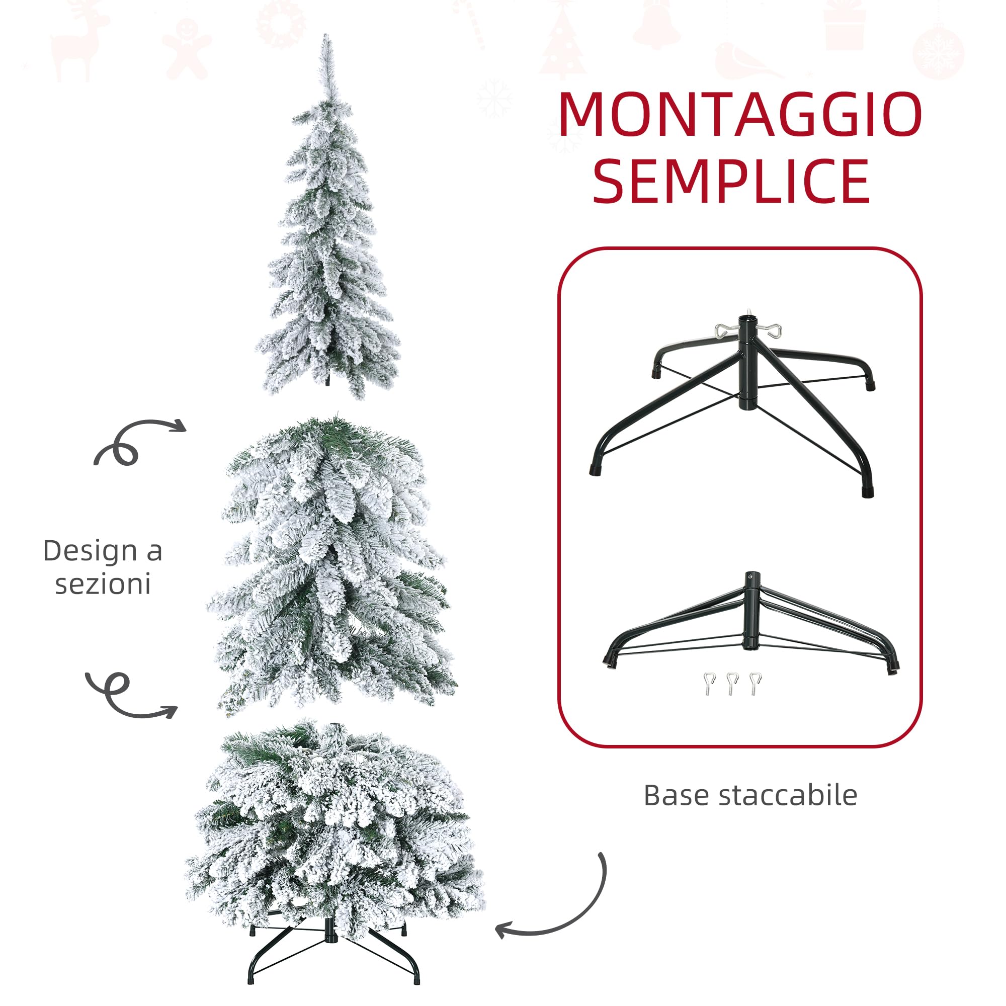 HOMCOM Albero di Natale Slim Innevato 180cm con 523 Rami e Base in Acciaio