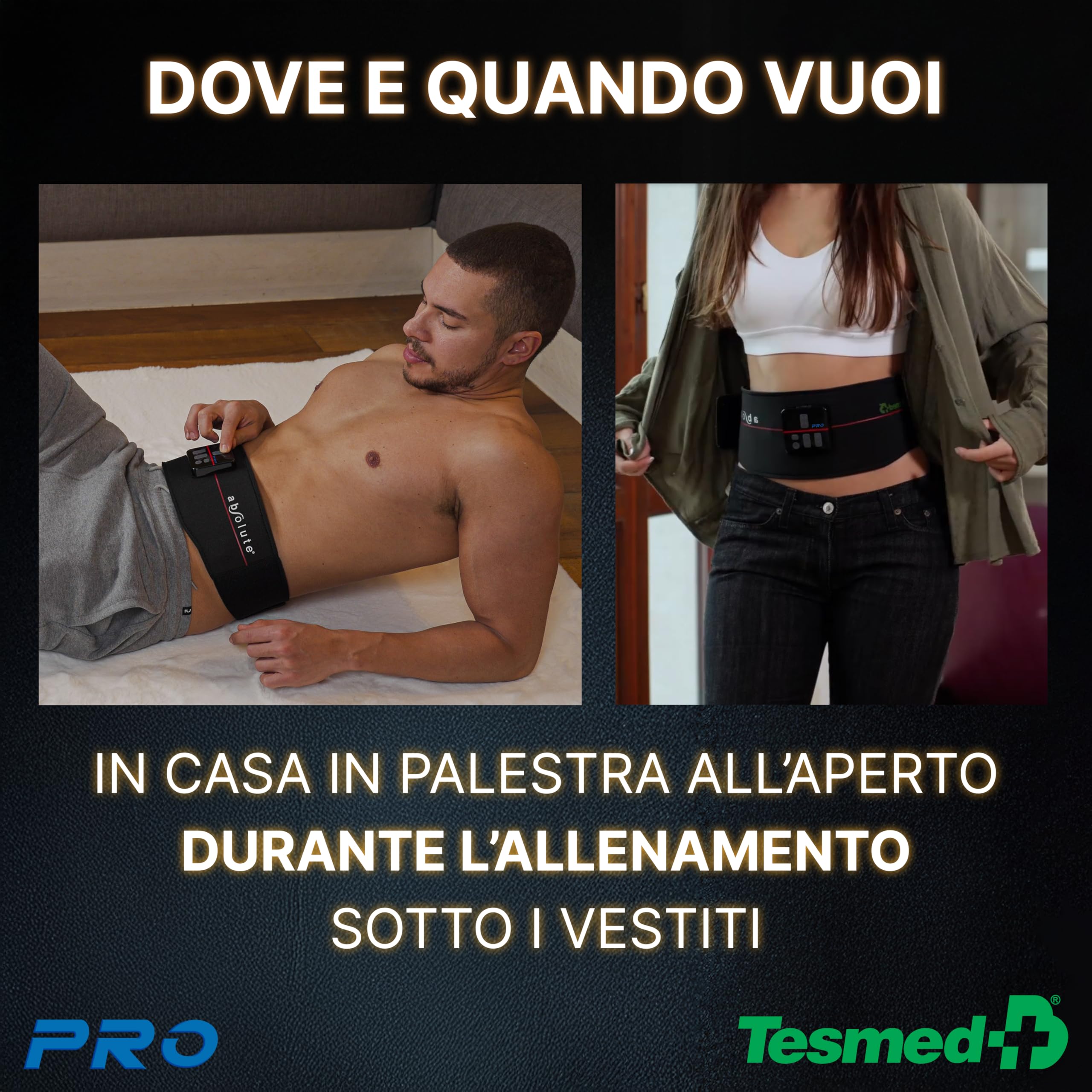TESMED Absolute: Cintura Addominale EMS, Elettrostimolatore per Addominali Centrali e Laterali – Ricaricabile, 99 Intensità – Allenamento e Tonificazione Muscolare – Made in Italy