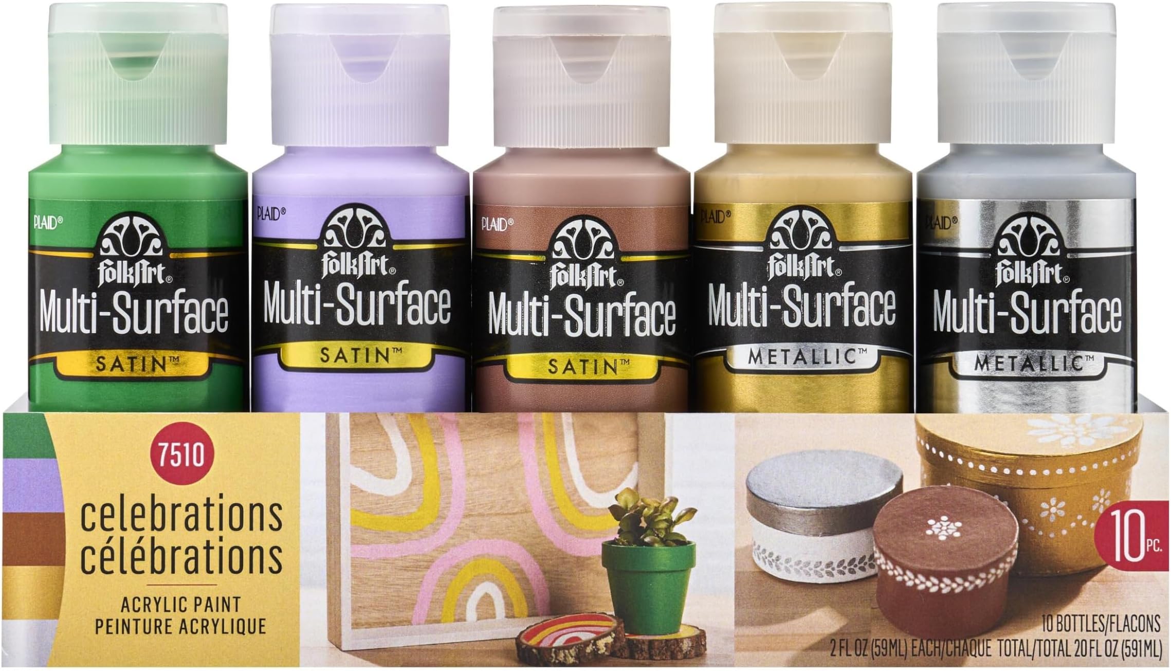 FolkArt Color, 10 Bottle Multi-Surface Acrylic Paint Set, 2oz, Celebrations, 20 Fl Oz (Pack of 1)