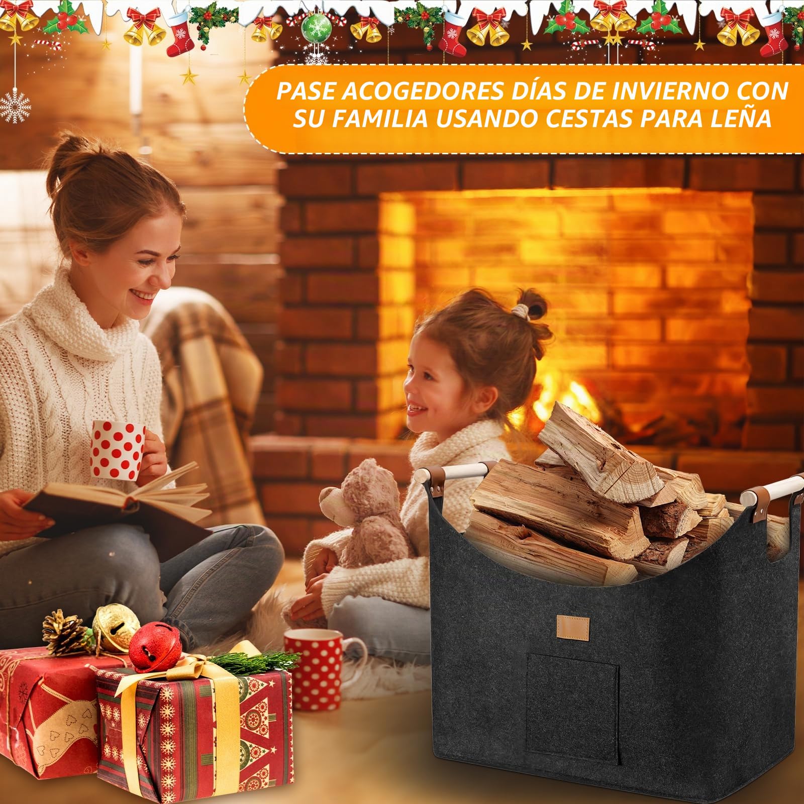 96LCesta para Leña de Chimenea, Cesta de Leña, Plegable Bolsa de Fieltro para Leñas, Cestas para Leñas con Asas, 60x40x40 Cestas Leñas, Cestass de Fieltro para Leñas de Chimenea, Gris Oscuro