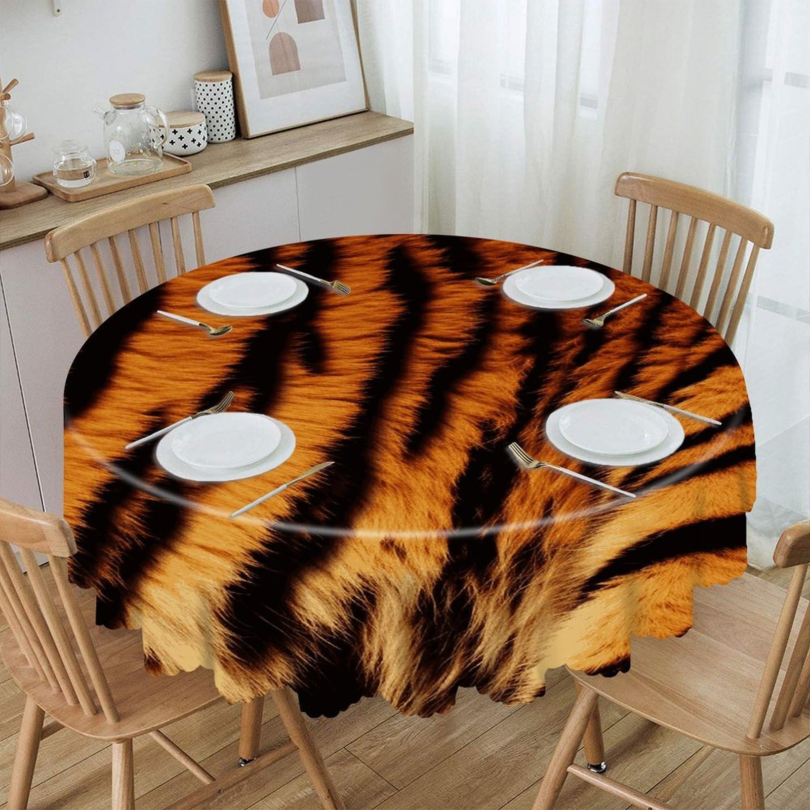 VstaDank Tiger Striped Pattern Round Tablecloth 60 Inch Easy to Clean Circle Table Cover Thick Decorative Round Polyester Table Cloth for Dining Kitchen Party Farmhouse Outdoor