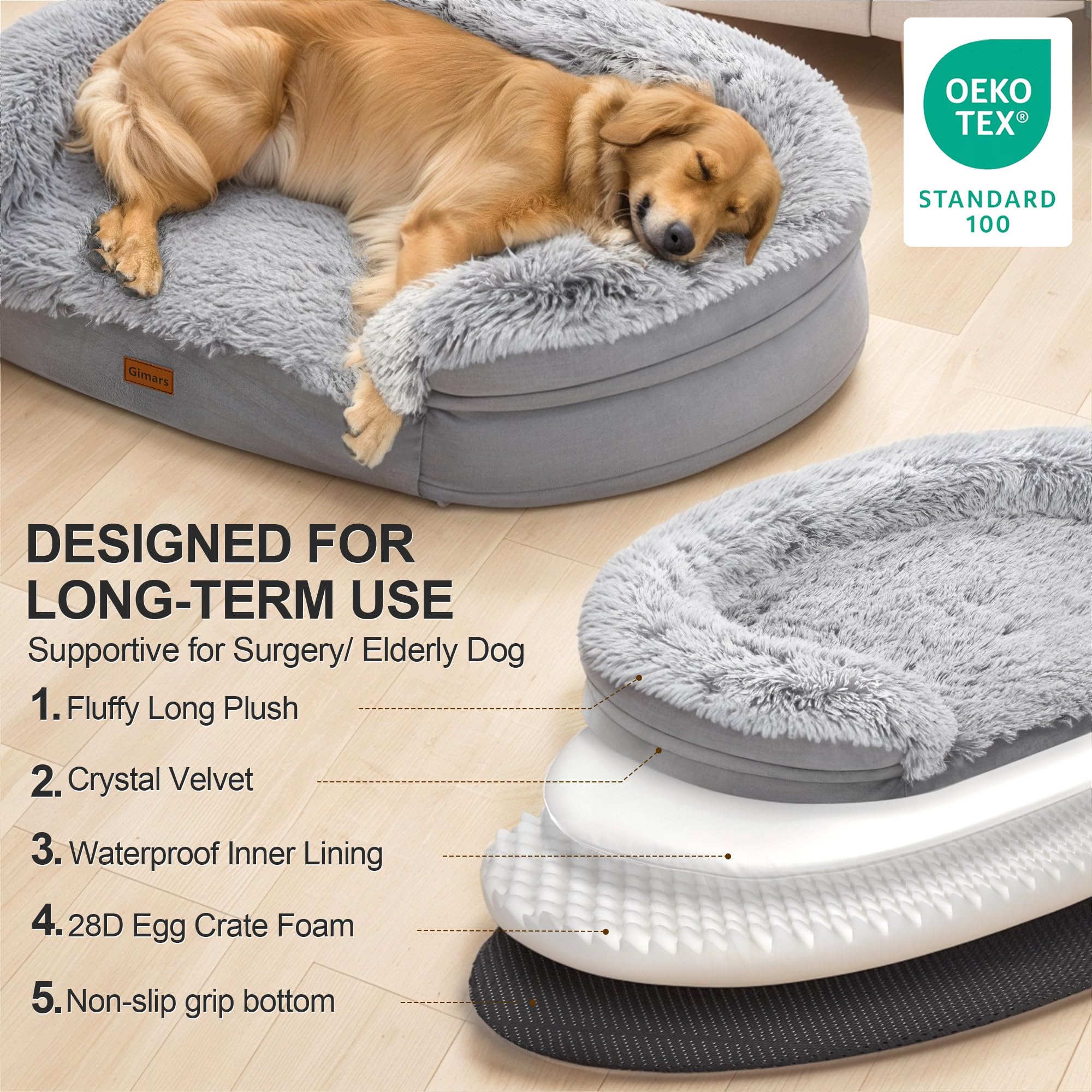 Gimars 9,5 cm Dickes XL Orthopädisches Hundebett für Sehr Grosse Hunde, Stützendes Hundesofa mit 28D Eierkarton-Schaum, Abnehmbarer Waschbar Plüschbezug, wasserdichte Innenhülle, Halbrund