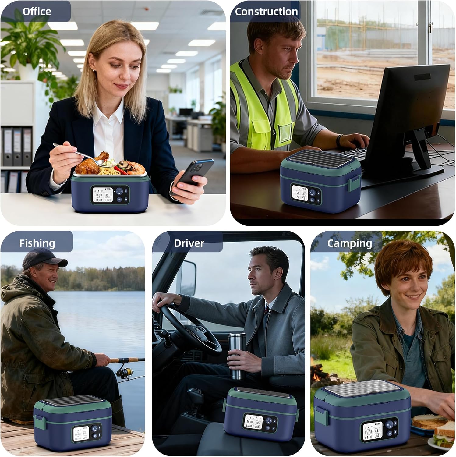 Dravel Electric Heated Lunch Box for Men, 6.3 Cup 100W Cordless Lunch Box Food Warmer with 24000mAh Battery for Self Heating, Including Cutlery, Insulated Bag and Divider for Women Adults(Blue+Green) - Image 7