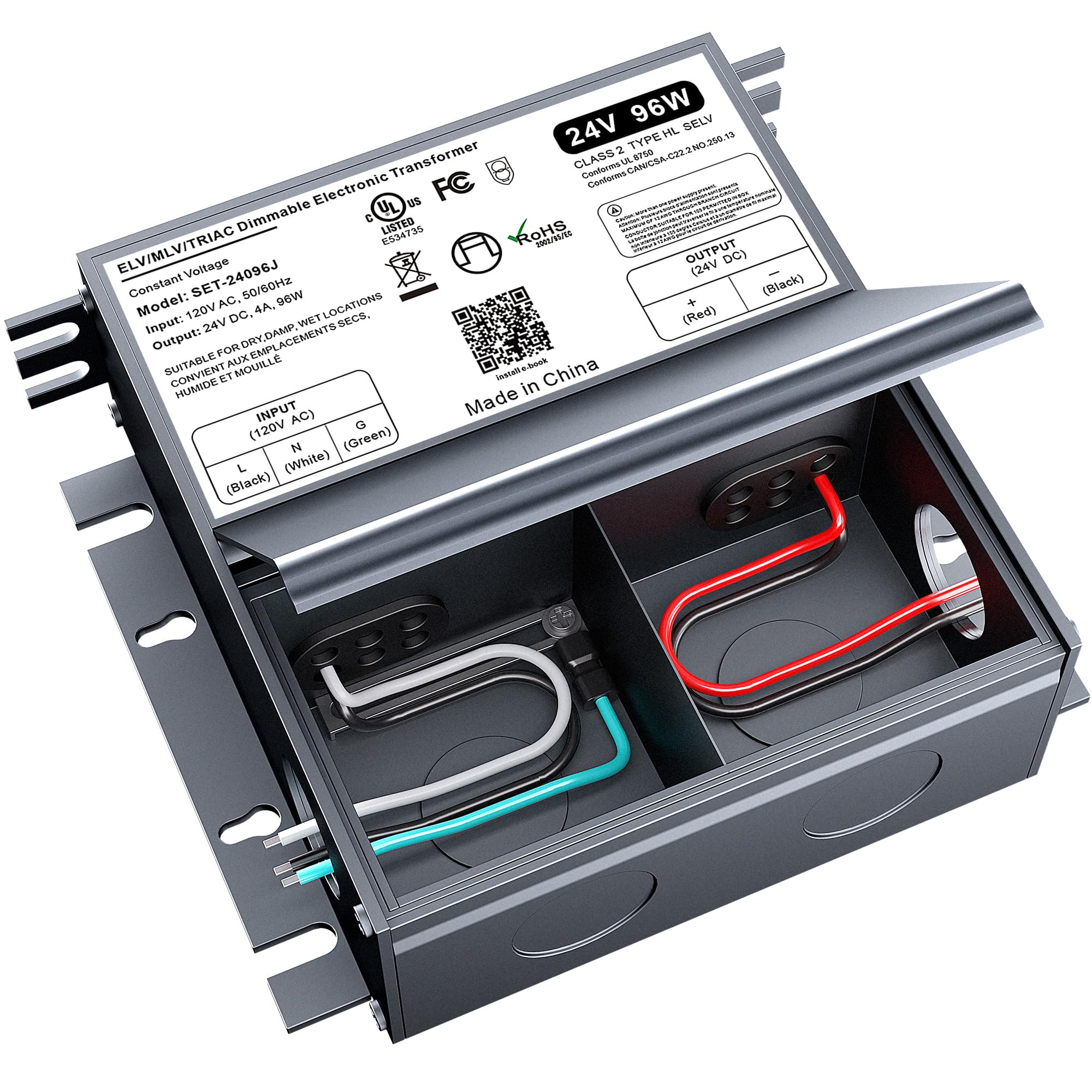 96W Dimmable LED Driver 24V with Junction Box,Triac ELV/MLV LED Transformer Compatible with Lutron&Leviton Switches,Dimmable Power Supply for Indoor/