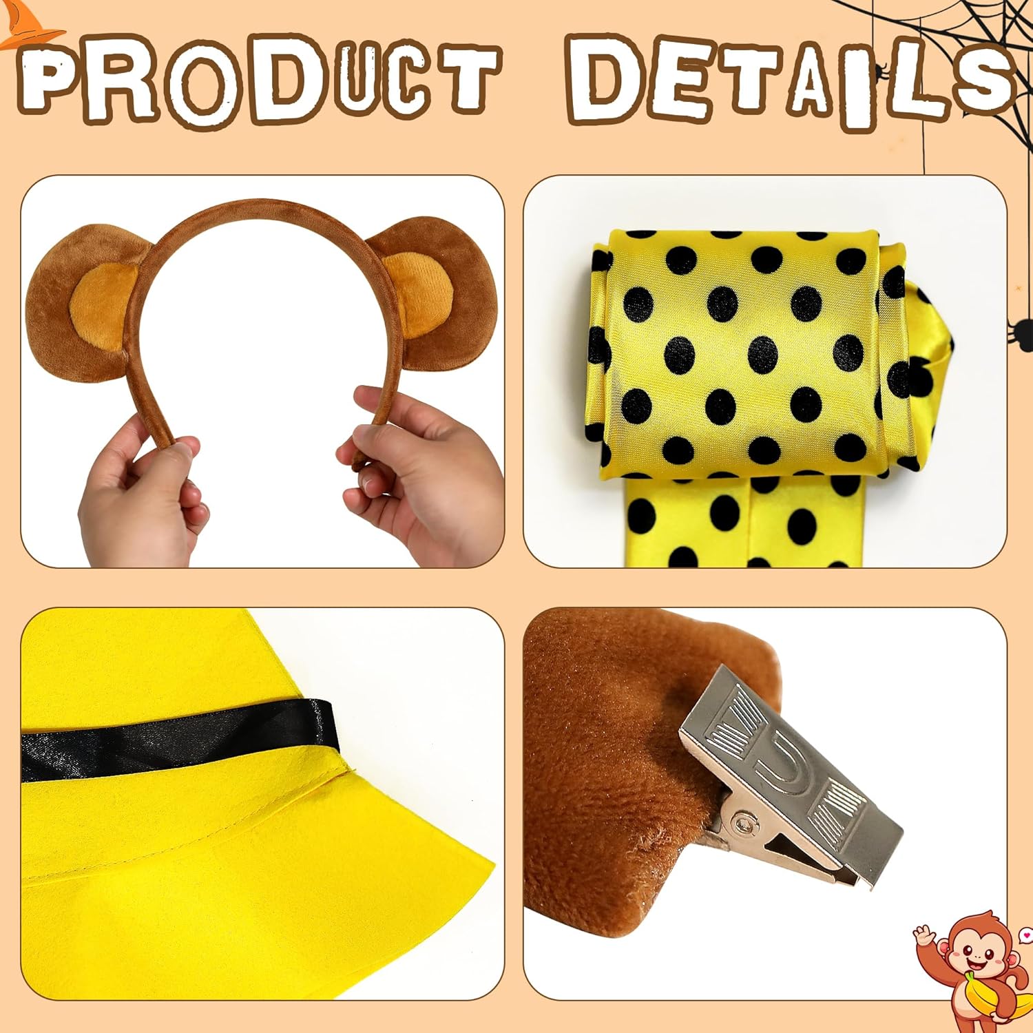 Parma77 4 Pcs Monkey Ears Headband and Tail Set, Monkey Costume Yellow Costume for Adult, Yellow Hat Black Polka Dots Tie for Cosplay Party Accessories - Image 3
