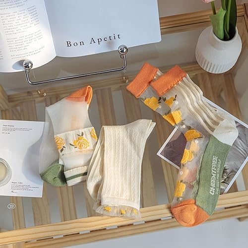 Miniatura 4 de CYee 3 pares de calcetines transparentes con rosas florales para mujer, calcetines elásticos de Fairycore tobilleros medianos de vidrio fino Grunge