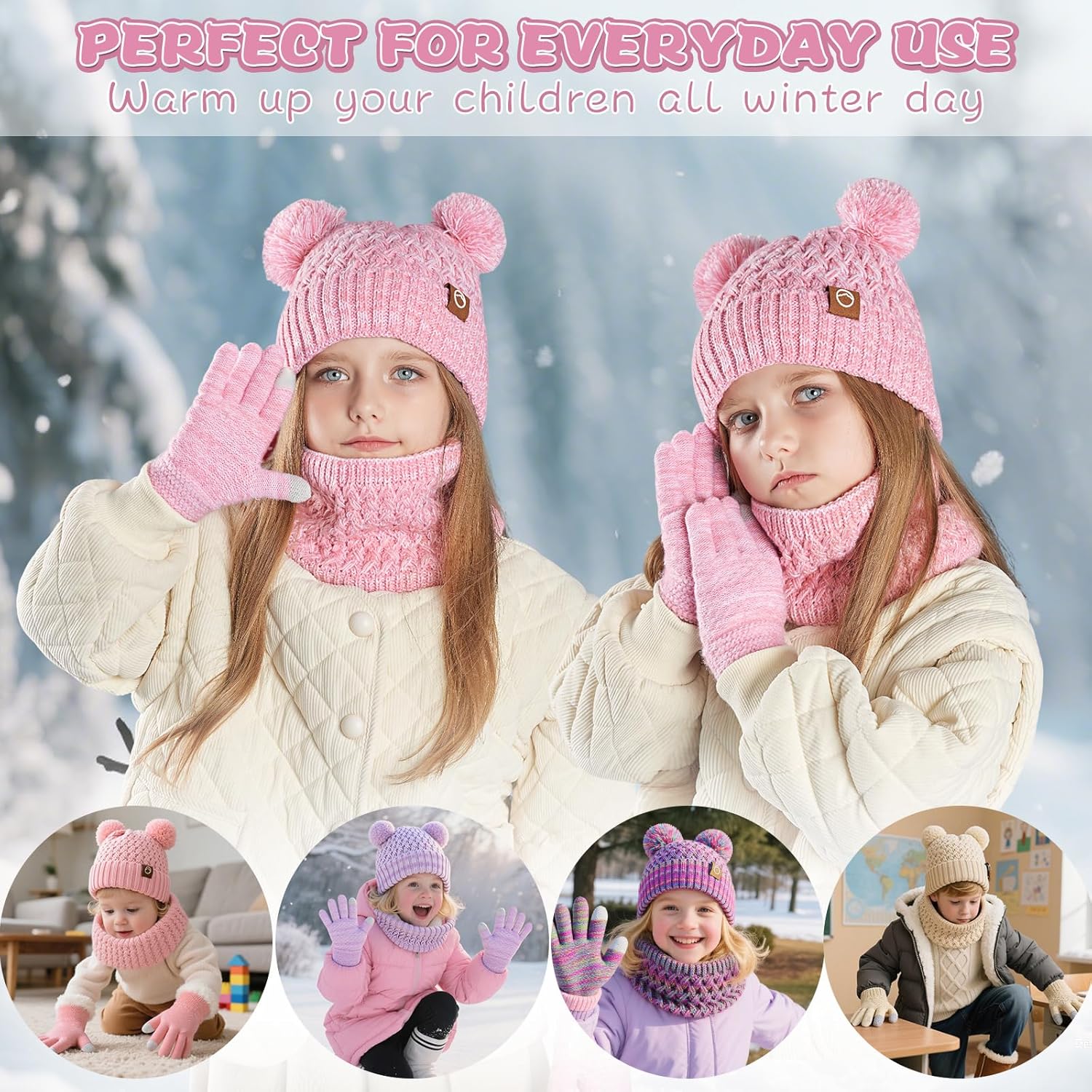 Kids Winter Hat Gloves Scarf Set,Toddler Girls Winter Hat Kids Beanie with Pom Neck Warmer Gaiter Mittens Fleece Lined Set - Image 6