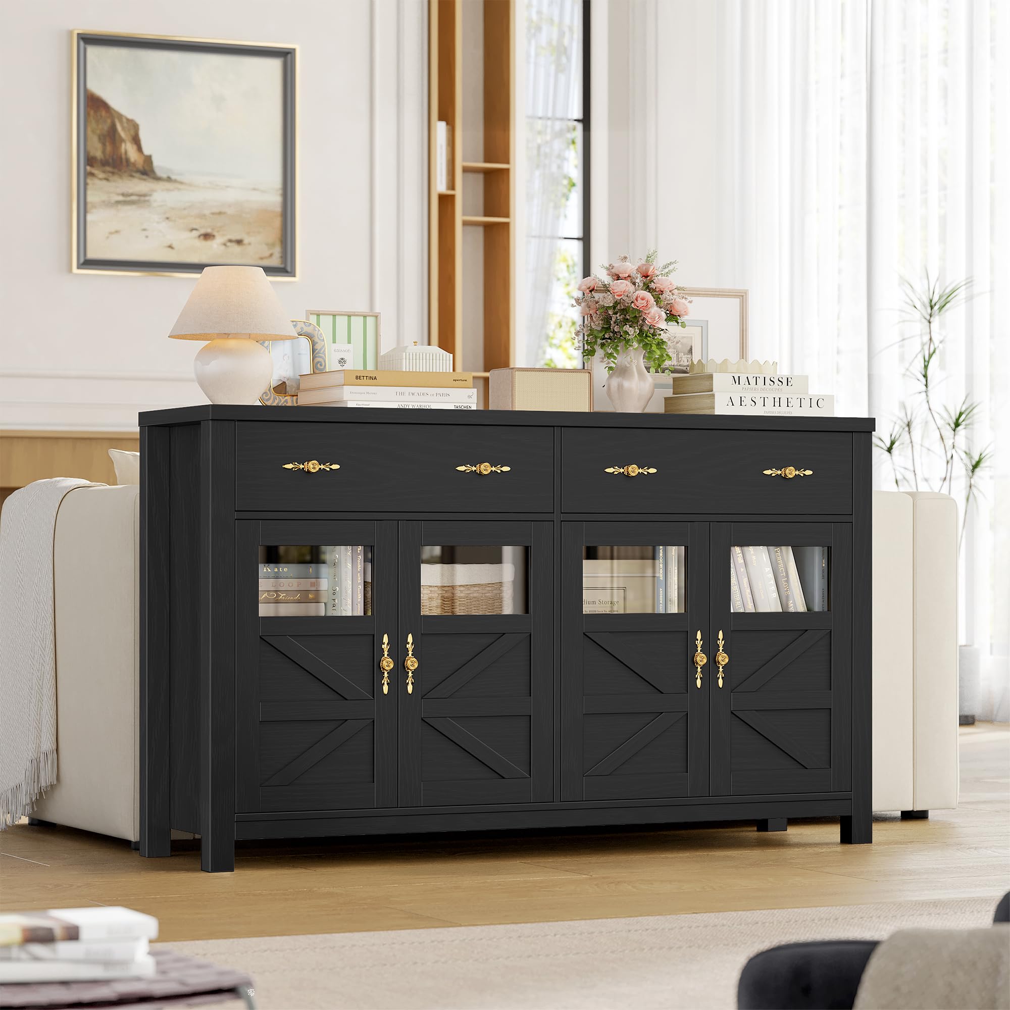 FirFurd Sideboard 140cm Kitchen Sideboard Storage Cabinet Kitchen Buffet Cabinet with 4 Glass Doors 2 Drawers Adjustable Shelves Living Room Dining Room Furniture 140x40x90cm Black