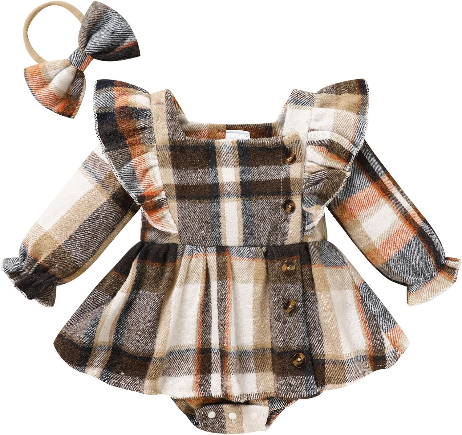 Newborn Baby Girl Fall Winter Clothes Plaid Long Sleeve Romper Buttons Outfit Ruffles Dress with Bow Headband Khaki 6-12 Months